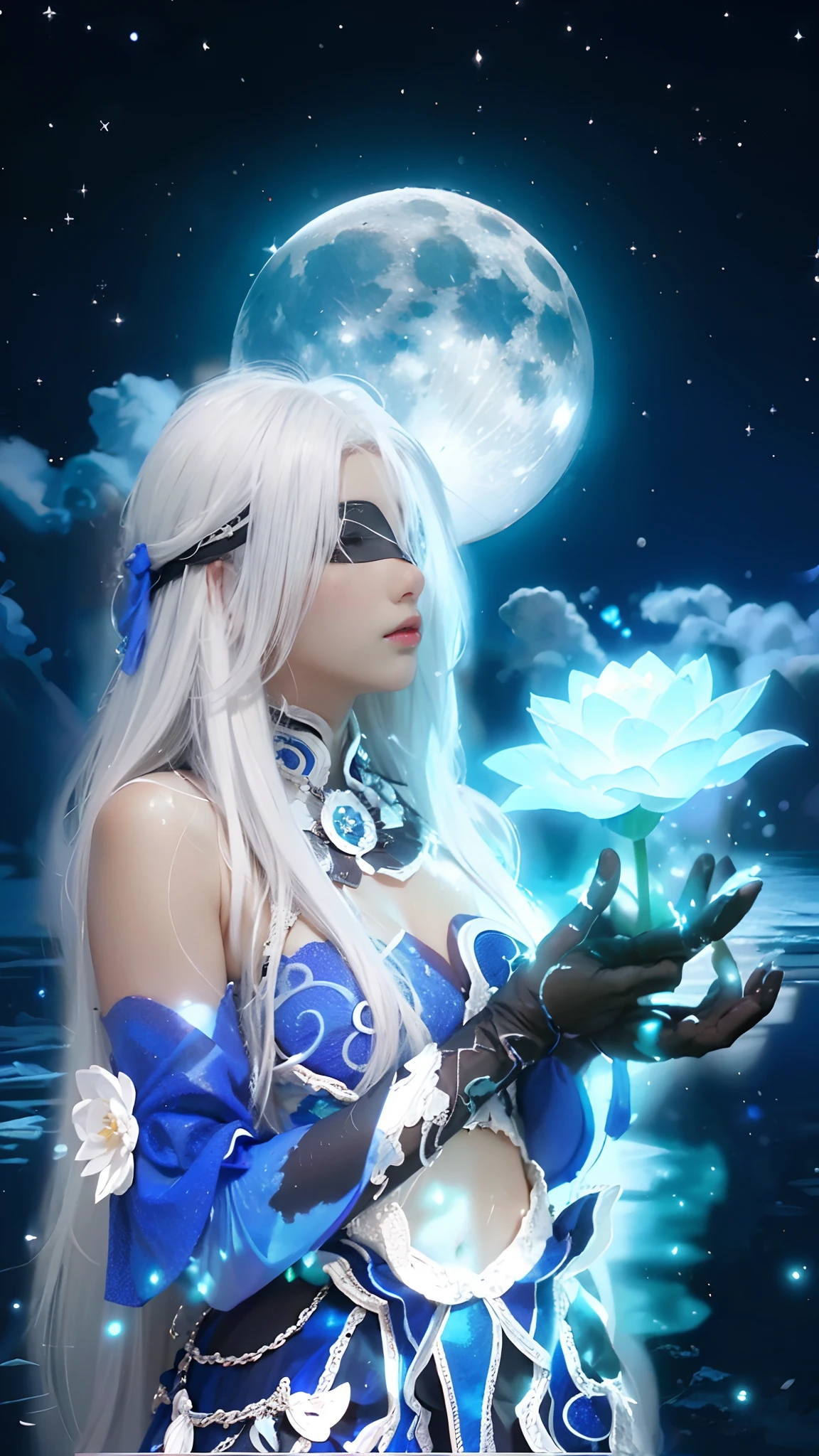 (Jingliu honkai Star rail)),((realistic, photorealistic)),(( Blindfold )), Light reflection, (( Blooming white hair )), navel, detached sleeves,((upper body)), (((best quality, masterpiece))), , Burning ice, blue gradient, ice element,  blue aura,The moon is covered in clouds, Glowing lotus flower, Particles light, Snow shards,Black eye patch