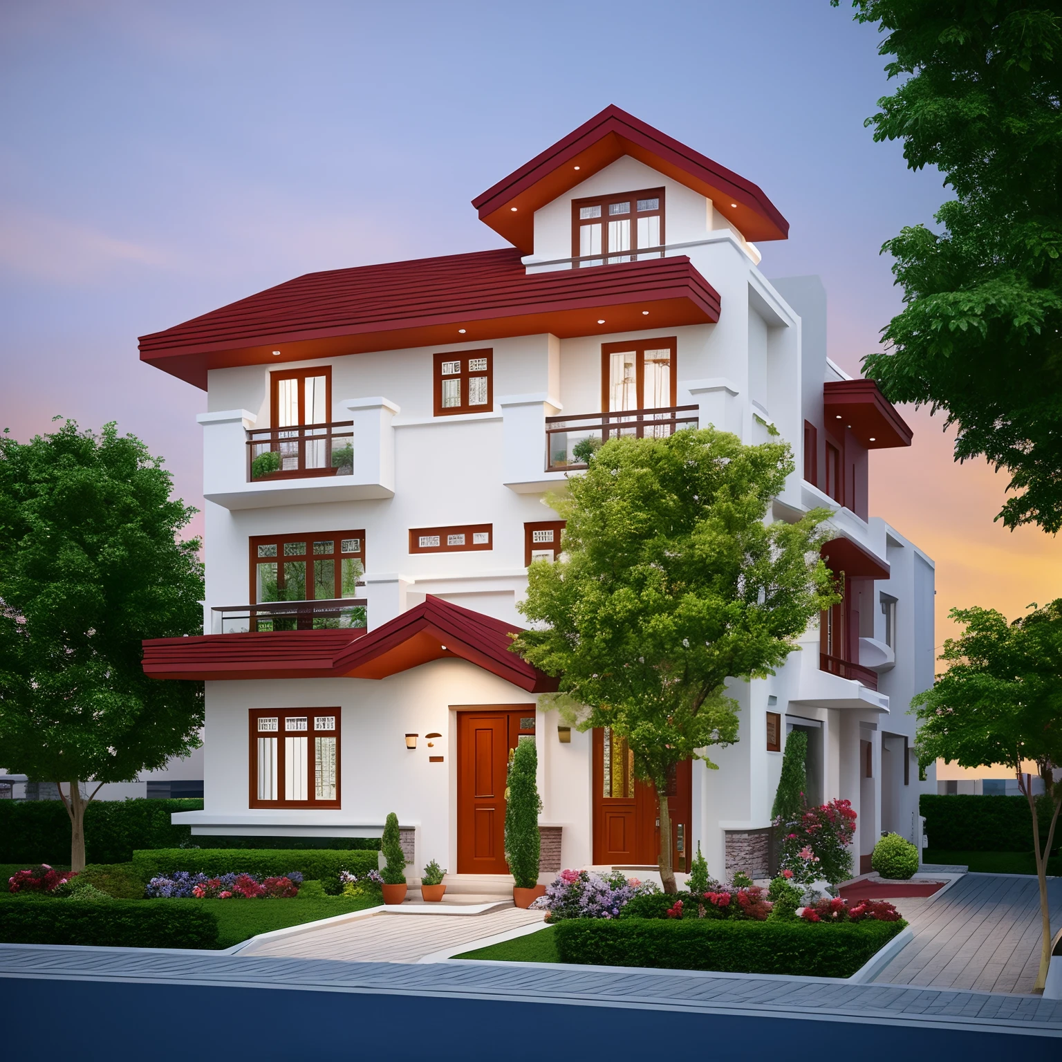 (Best quality, 8k, Masterpiece: 1.3), Sharp focus: 1.2, (Townhouse: 1.2, modern style), light brightness, cinema light, mini flowers, maple trees Rich, vibrant colors