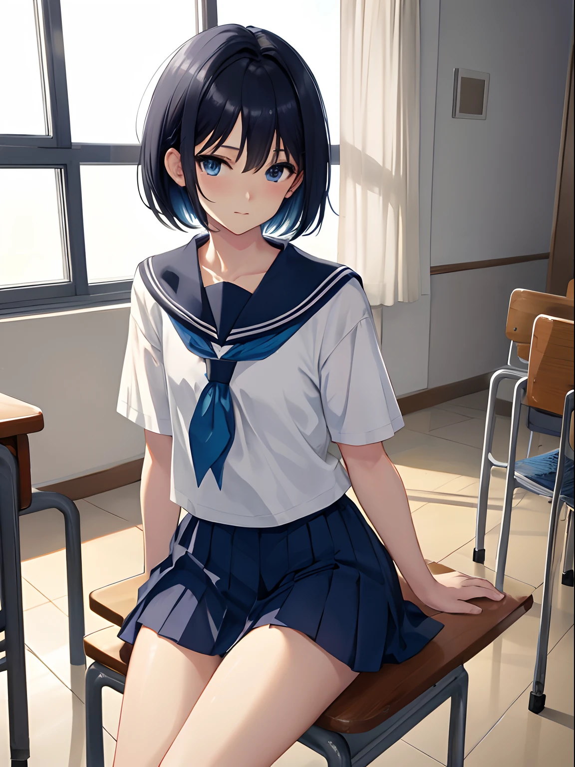 (((masterpiece))), (((best quality))), ((ultra-detailed)), (illustration), (detailed light),((an extremely delicate and beautiful)),(beautiful detailed eyes),BREAK (1boy,otoko no ko, feminine),cute face,(fluttering hair),medium hair,bob cut,black hair, scenery,sailor uniform,class room,sitting,embarrassed,beautiful thighs