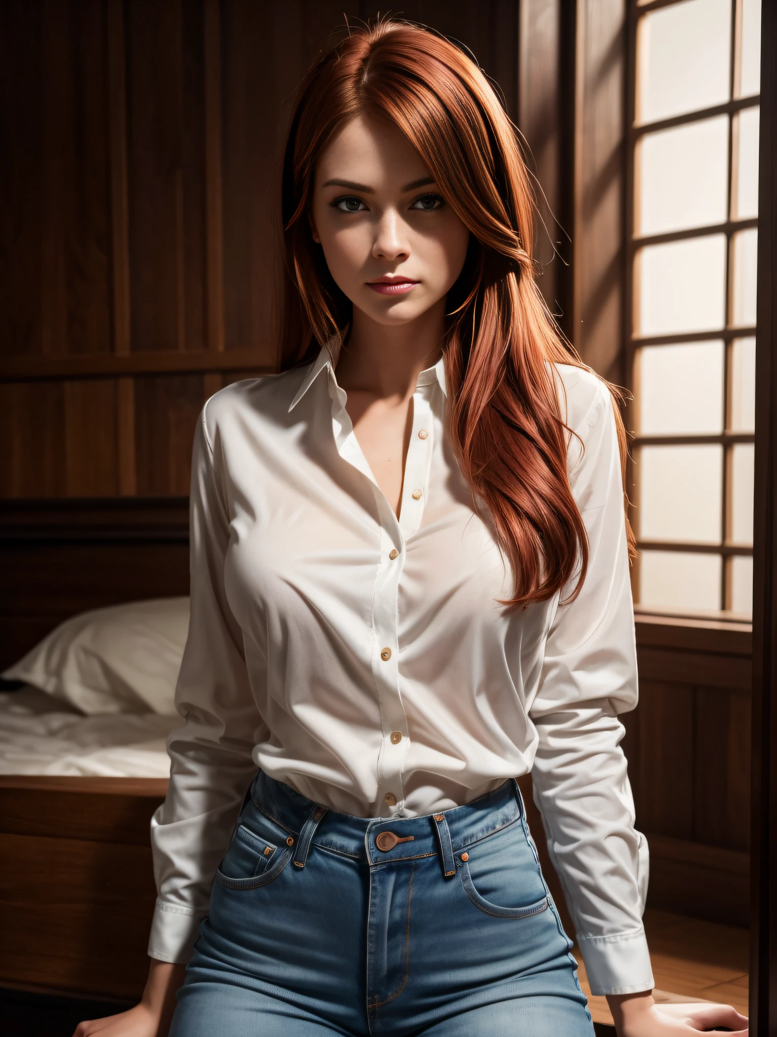 Professional whole body photo, (Photo 4k:1.1) by (Jeremy Lipking:0.3), (Dittmann Anna:0.3), (Cecile:0.3), (focus:1.3), high detail, European, Sexy white shirt, jeans, boowling, medium long and red hair, Instagram pattern pose, confident, slim girl, small breasts:1.2, perfect anatomy, perfect symmetry:1.2, realistic, realistic face:1.2, perfect face, content, confident, very detailed, and dramatic, cinematic lighting, lighting scene, soft lights