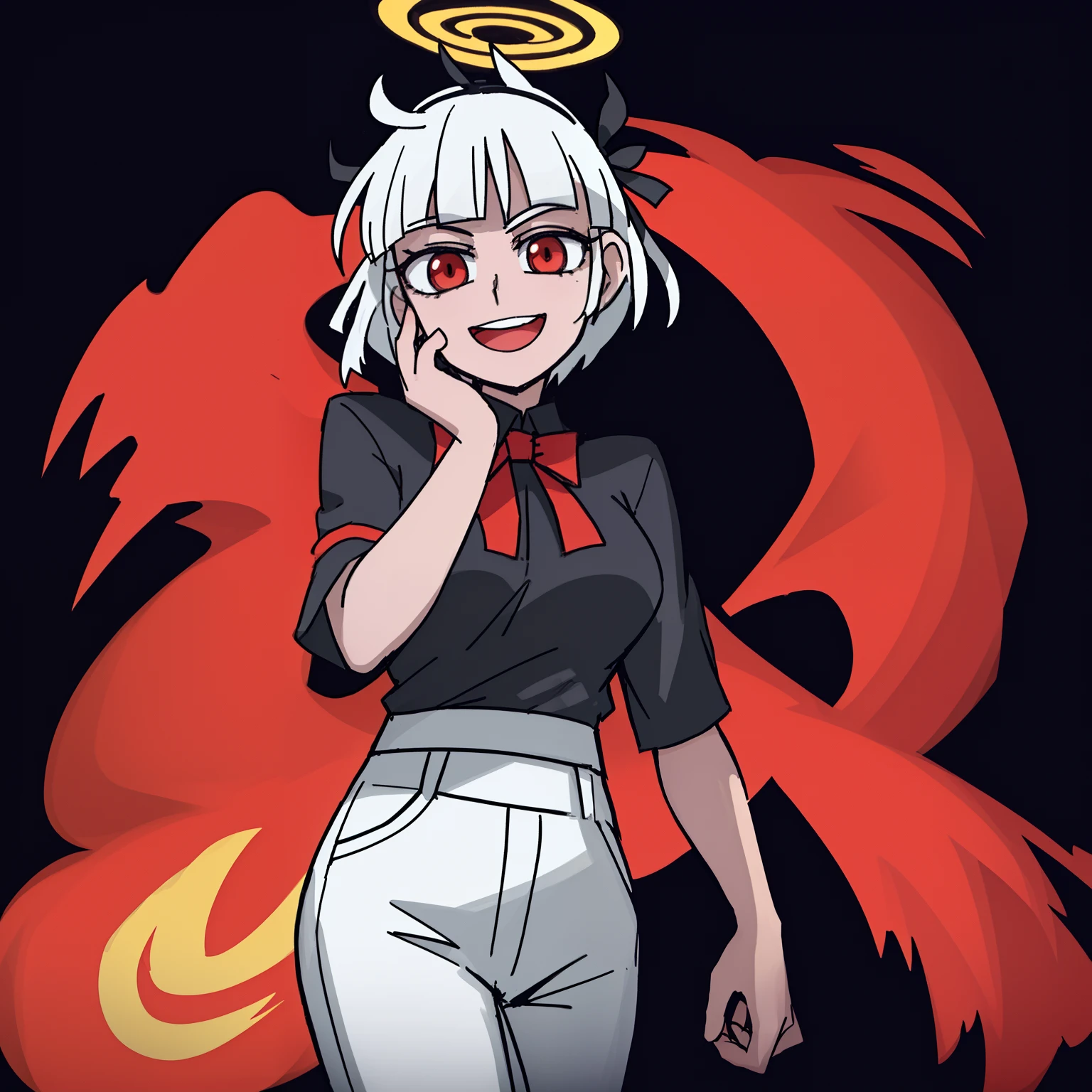 2d, masterpiece, best quality, highly detailed eyes, highly detailed face, cowboy shot, feet out of frame, 1girl, solo, standing, black background, red background, helltaker, azazel \(helltaker\), white shirt, white pants, gold trim, halo, angel, black hair, short hair, white ribbon, hair ribbon, light blue eyes, looking at viewer, smile, open mouth, hand on own face, straight-on