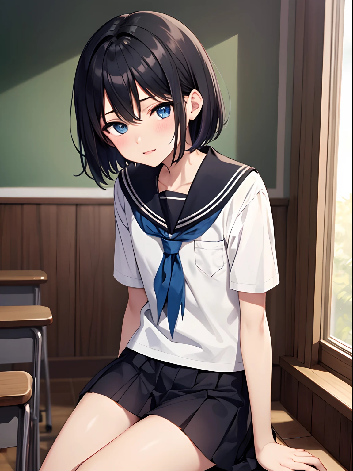 masterpiece:1.2, best quality, ((ultra detailed)), high resolution, 2d, anime style , photo, photography, detailed background, (1boy,otoko no ko, feminine),cute face,short hair,bob cut,(black hair),makeup, flat chest,BREAK solo,(droopy eyes:1.3),,((blue eyes;1.2 )), beautiful thighs,embarrassed, BREAK classroom background, sitting,school uniform,serafuku BREAK pastel colors:1.4, solid paint:1.2, saturated color, contour