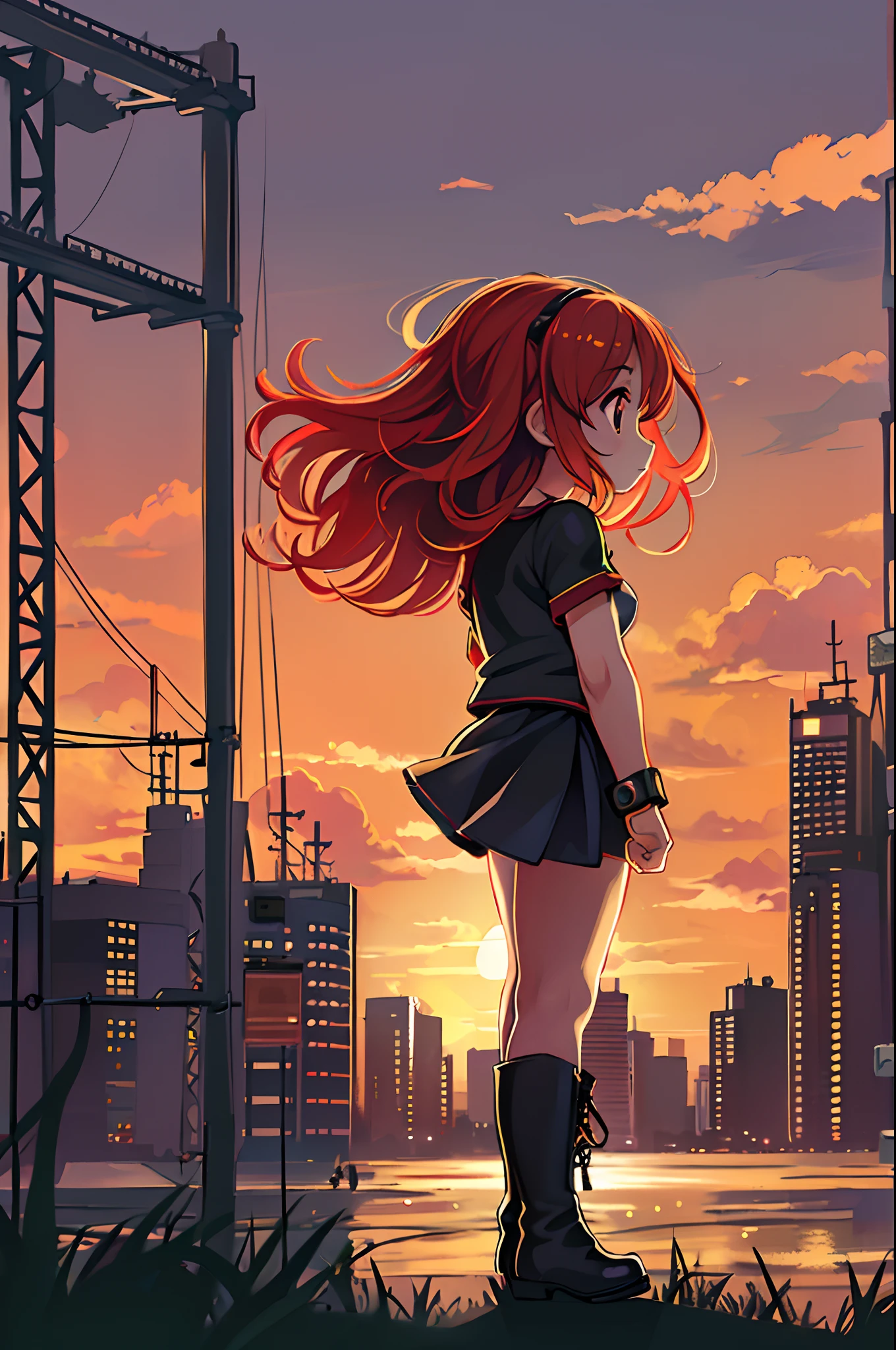 ((Best Illustration)) Brazilian girls, Red hair, Teenage body, Black top, Black tight skirt, Black boots, Urban landscape, building, sky line, Sunset, Silhouette on cloud background, Contemplative. Lori、Young children、Chibi