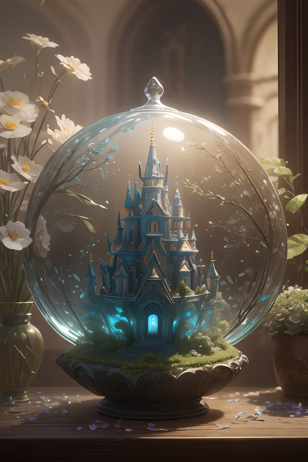 tmasterpiece，best qualtiy，Best quality，4K，8K，HD piracy masterpiece:1.2，super ultra detail，Photorealistic photorealism，photo-realistic:1.37，Fantasy world，Enchanted，Imaginative and fictional，Showcase a landscape where medieval and futuristic civilizations converge，Ceramic craftsmanship，Intricate glass craft castle，Magnificent castle，detail depiction，Verdant Garden，Spectacular ceramic vase，Painted with delicate textures and gorgeous flowers，Sparkling magic gemstones，Clear crystal ball，Mysterious fairyland creatures，Magnificent portal，Fantastical Atmosphere，Mysterious light illuminates beautiful fantasy scenes，Bring the audience amazing and shocking visual enjoyment。
