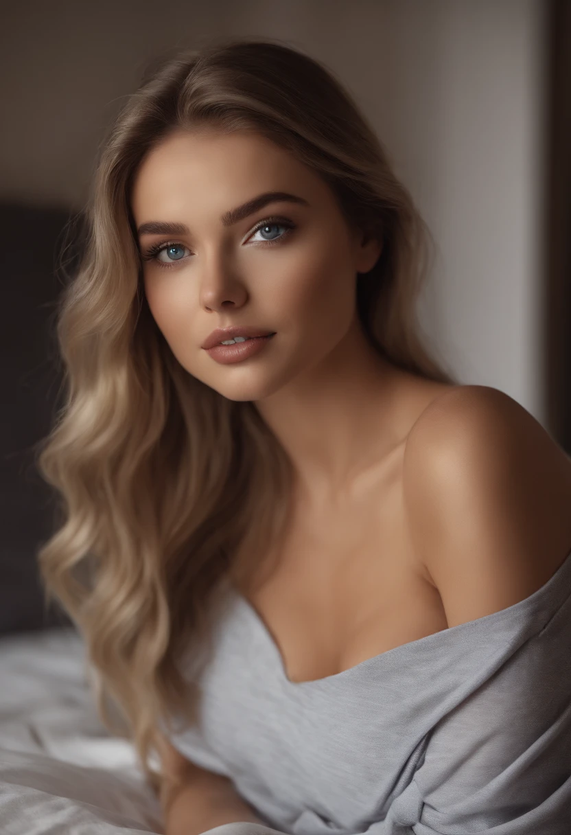 arafed woman fully , sexy girl with blue eyes, ultra realistic, meticulously detailed, portrait sophie mudd, blonde hair and large eyes, selfie of a young woman, bedroom eyes, violet myers, without makeup, natural makeup, looking directly at the camera, face with artgram, subtle makeup, stunning full body shot kneeling on bed, in bedroom, medium to large size bust; ; ;naked