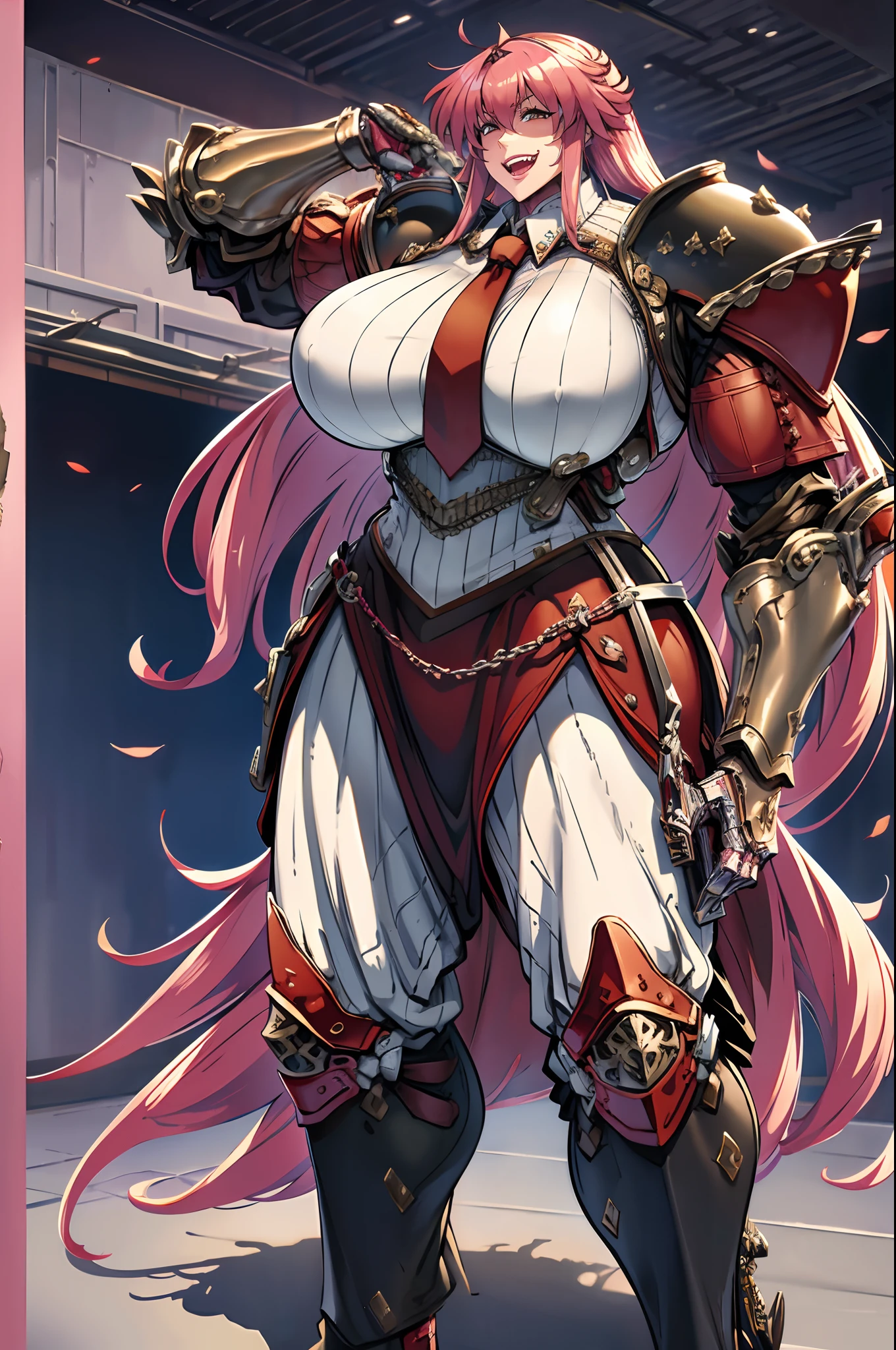tomboy, warrior, berserker, tall female, muscular female, living hair, sauvage,, medieval clothing, fantasy, fantasy weapon, huge breasts, barbarian pants, , combat boots, armor, red hair, crazy smile, open mouth, biceps, necktie, thick arms,pullover, solo focus, long hair, , crazy smile, long hair, pants, noble cloths, noble clothing, french cloths, very long hair, BOOTS, full body, pink lips, hime cut, full body