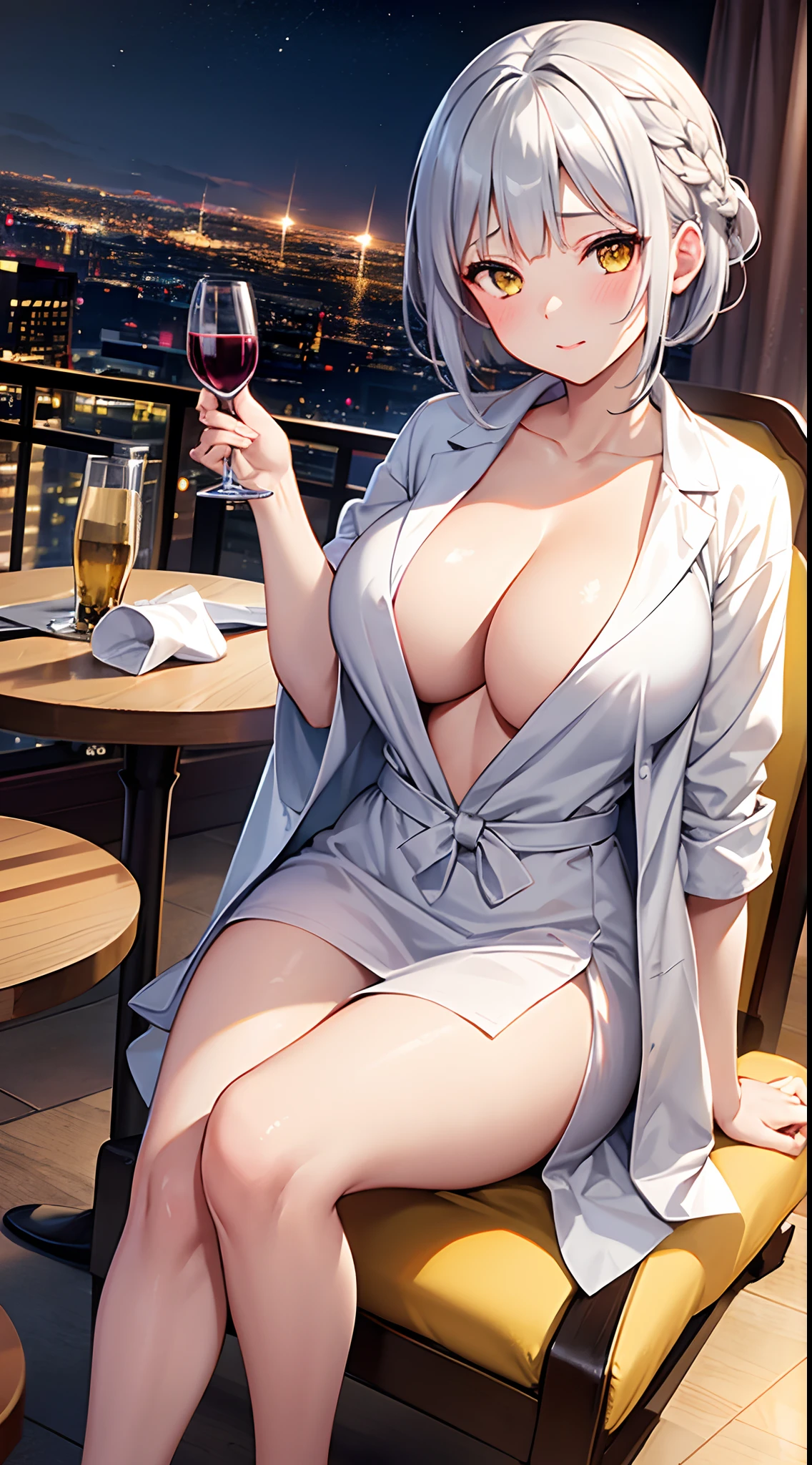 1 girl, game CG, bathrobe, gigantic breasts, silver hair, short hair, french braid, yellow eyes, hotel, night, wine, sitting in chair, table, blush,