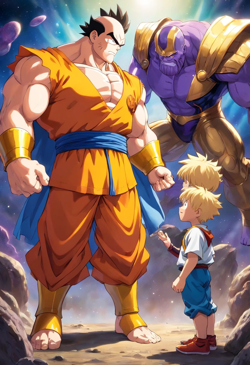 goku shaking hands with saitama, while thanos looks at them scared