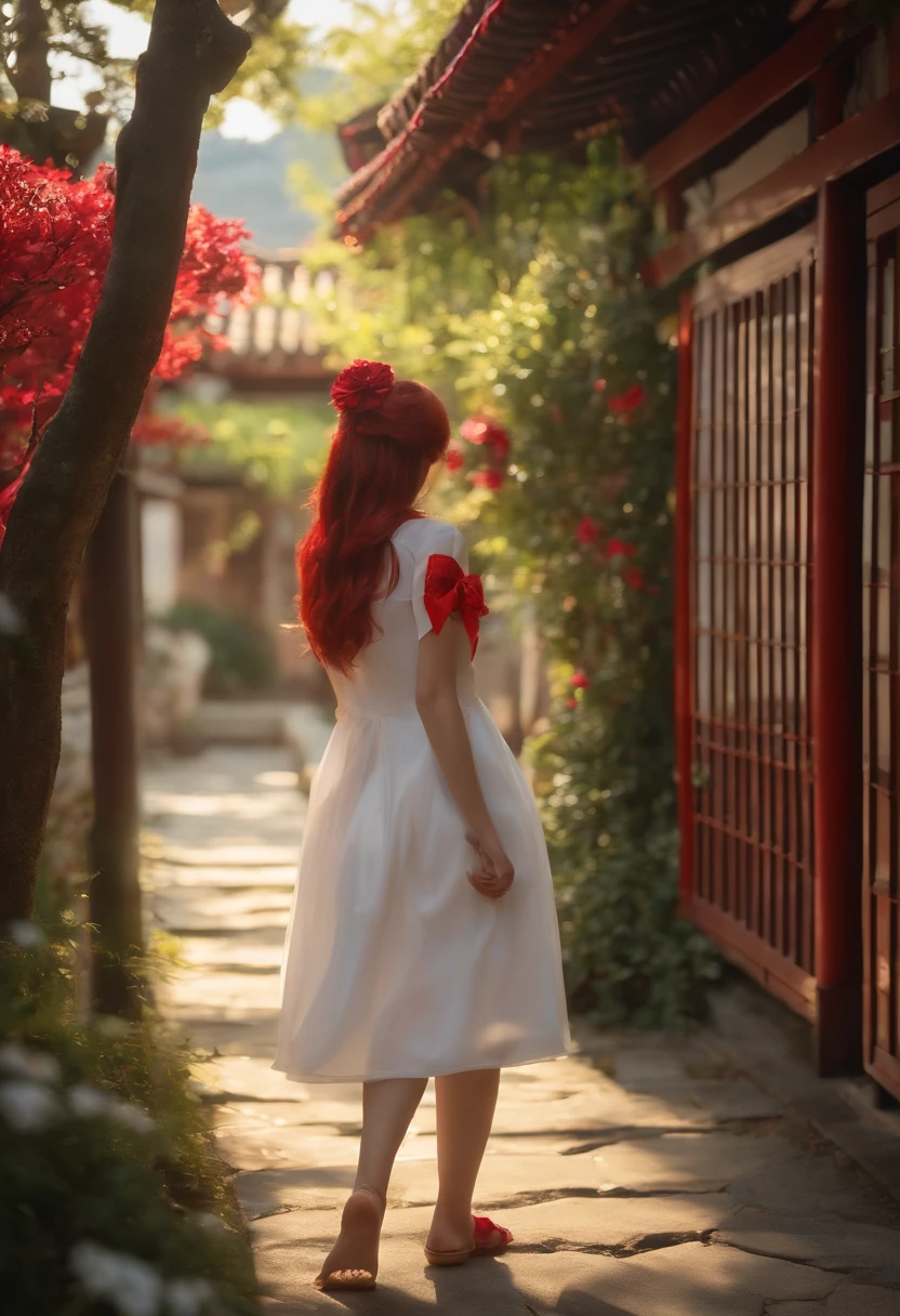 ((master part,best quality)),ao ar livre, torii vermelho, tree, escada,, 2meninas, Miko,Miko, Olhando para o Viewer, Looking back,, legwear vermelho, Red ribbon, cabelos pretos,Cereja, dia, flor, coque de cabelo, fita de cabelo, Roupas japonesas, quimono, cabelos longos, orelhas de gato, Flores pequenas,, several young girls, olhos vermelhos, red hair, fita, sandals, single hair bun, Standing,clog sandals,quimono branco, olhos amarelos,brilho,coxas,