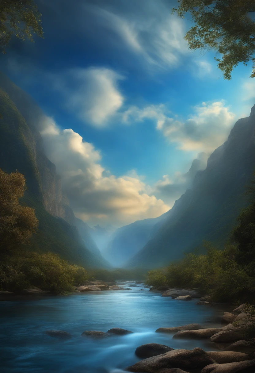 (Magical blue flow overlay scene of beautiful sky), (heaven), (nuvem), soft lighting, fundo limpo, beautiful sky landscape, master part, alta qualidade, graphics beautiful, High detail,pintado por Thomas Kincaid, art-station, foco nítido, Inspiring 8K wallpapers,