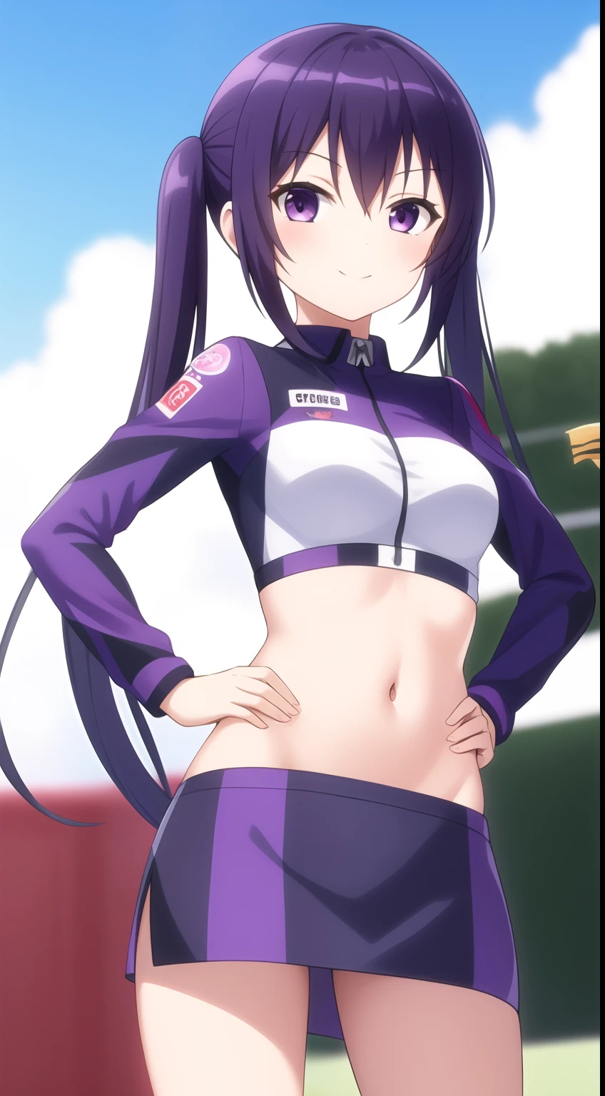 masterpiece, 1girl, smile, smirk, (purple black hair), twin tails, race queen, rq, tedeza rize, standing, stomach, (hand on own hip), looking at viewer, Skirt, Circuit, checkered flag