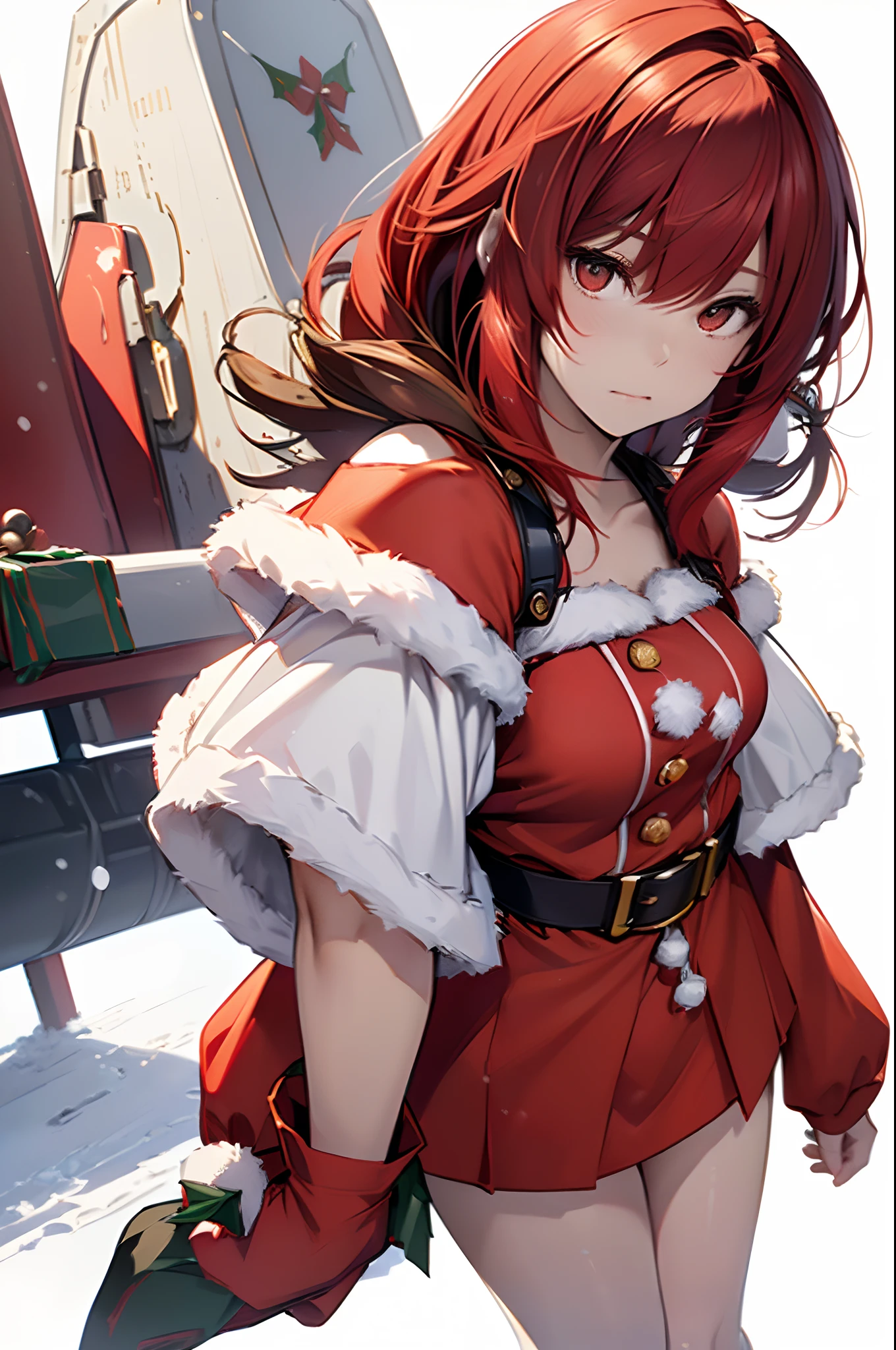 (Best Quality, 8K, Oil Painting, masutepiece:1.2), Ultra-detailed, (Realistic, Photorealistic:1.37), (((full body Esbian)))、Vibrant colors, Studio Lighting, (((White background)))、Shoulder-length bob hair, (((Santa Claus Costume)))、(((Red Santa Clothes))) 、(((a miniskirt)))、((deadpan))、(((Looks boring)))、(((Slender Adult Woman)))、(((Red hair)))、(((bobhair)))、(((Red hair)))、(((It's snow-white all around)))、(((There is a margin at the top of the head)))、(((There are margins on the left and right)))、(((There is a margin above the image)))、(((Shoulder-to-shoulder clothing)))
