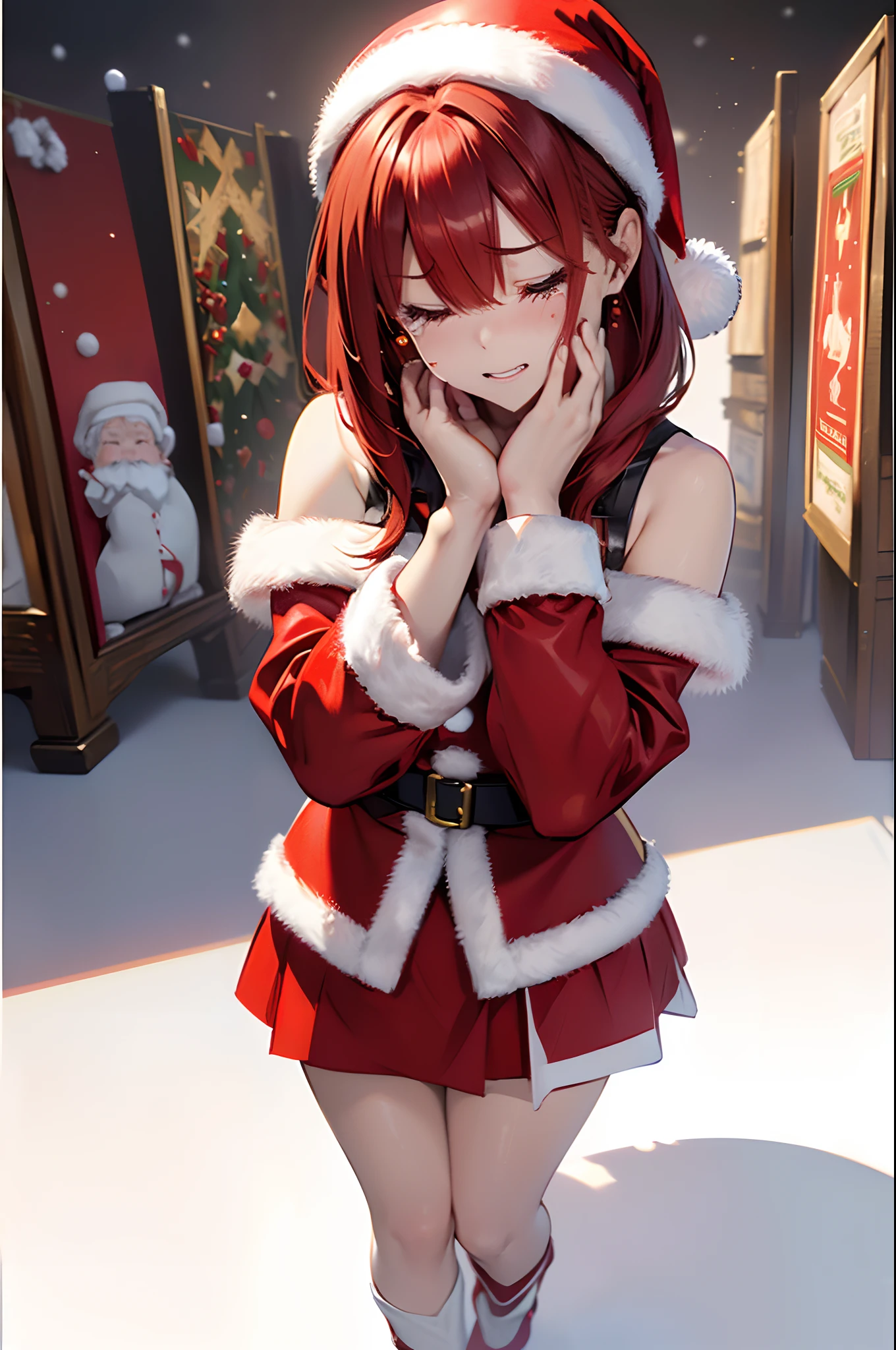 (Best Quality, 8K, Oil Painting, masutepiece:1.2), Ultra-detailed, (Realistic, Photorealistic:1.37), (((full body Esbian)))、Vibrant colors, Studio Lighting, (((White background)))、Shoulder-length bob hair, (((Santa Claus Costume)))、(((Red Santa Clothes))) 、(((a miniskirt)))、((is crying))、(((rubbing your eyes with your hands)))、(((Slender Adult Woman)))、(((Red hair)))、(((bobhair)))、(((Red hair)))、(((The background is pure white)))、(((Empty background)))、(((There are margins on the left and right)))、(((There is a margin above the image)))、(((Shoulder-to-shoulder clothing)))