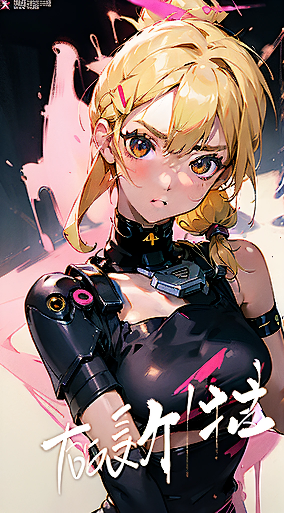 1 girl, Blonde hair, Blonde Woman, Pony tail, bright pink eyes, PastelColors, big breastes, Cute Hair Clips, body tattoos, Bracelet in hand, Movie posters、It depicts a young woman as the central character。She stands confidently in the center of the poster,Wear a trendy cyborg futuristic outfit,with determined expressions on their faces。Dark and grainy background,There is a sense of crisis and a strong sense。The text turned out to be bold、Attracted attention,With catchy slogans,Adds overall drama and excitement。The color palette is dominated by dark colors,Dotted with bright colors