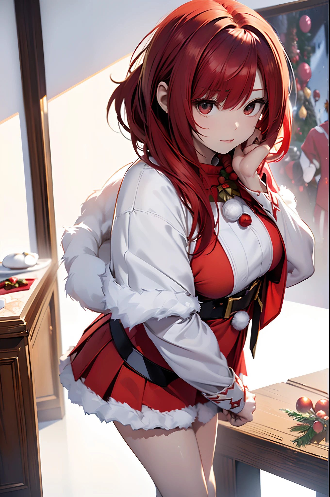 (Best Quality, 8K, Oil Painting, masutepiece:1.2), Ultra-detailed, (Realistic, Photorealistic:1.37), (((full body Esbian)))、Vibrant colors, Studio Lighting, (((White background)))、Shoulder-length bob hair, (((Santa Claus Costume)))、(((Red Santa Clothes))) 、(((a miniskirt)))、((apologize))、(((Gassho in front of the face)))、(((Slender Adult Woman)))、(((Red hair)))、(((bobhair)))、(((Red hair)))、(((The background is pure white)))、(((Empty background)))、(((There is margin on the left and right sides)))、(((There is a margin above the image)))、(((Shoulder-to-shoulder clothing)))