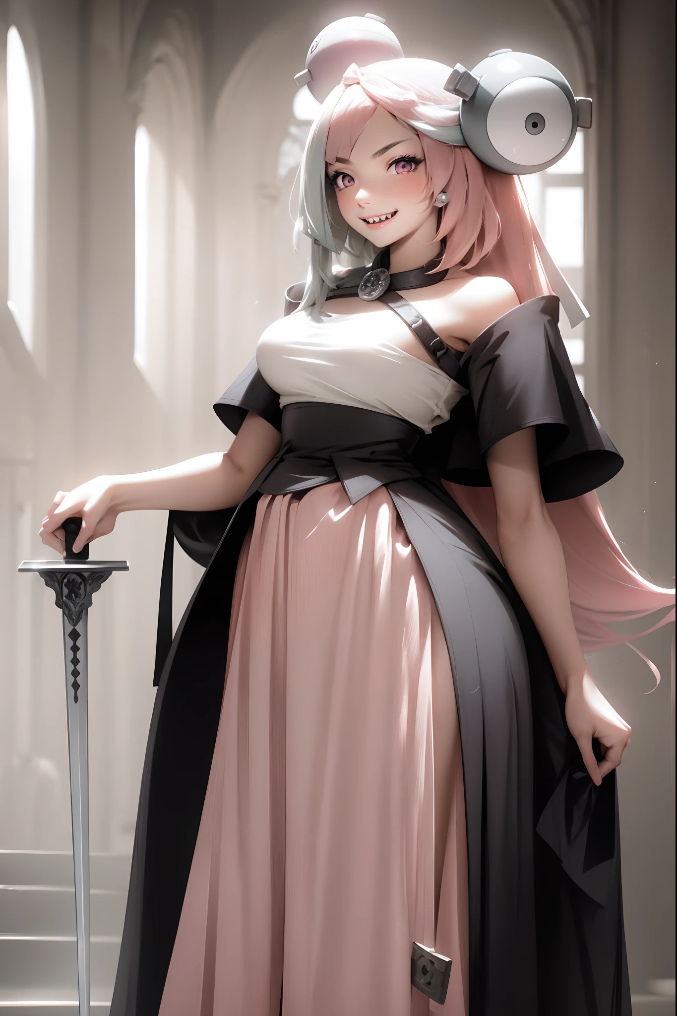 iono,1 girl,pink eyes,solo,smile,open mouth,fangs ,indoors,woman-medieval-clothes, priestess, sword holding, smile, long skirt, large skirt, full body, strawhat
