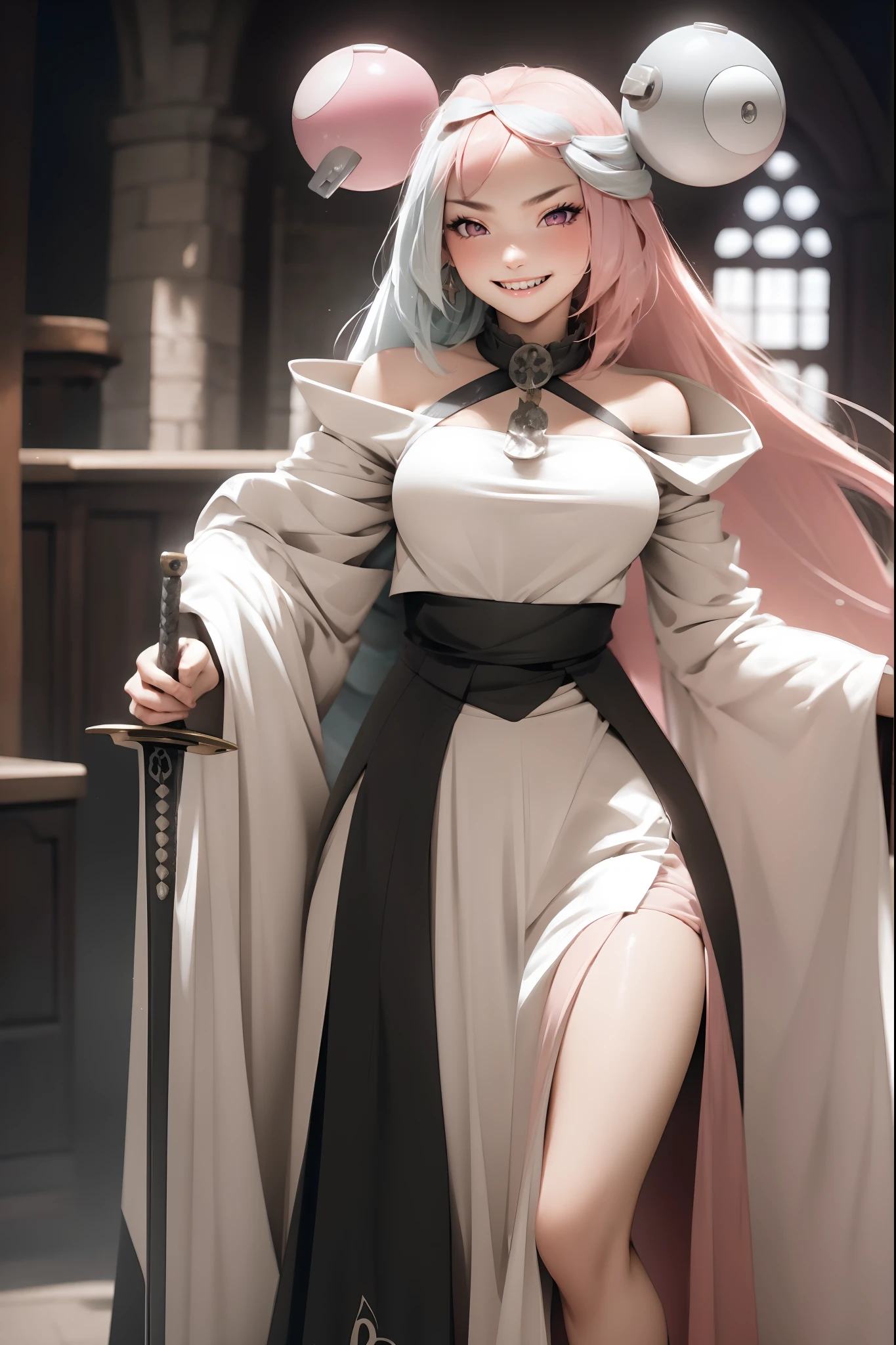 iono,1 girl,pink eyes,solo,smile,open mouth,fangs ,indoors,woman-medieval-clothes, priestess, sword holding, smile, long skirt, large skirt, full body, strawhat