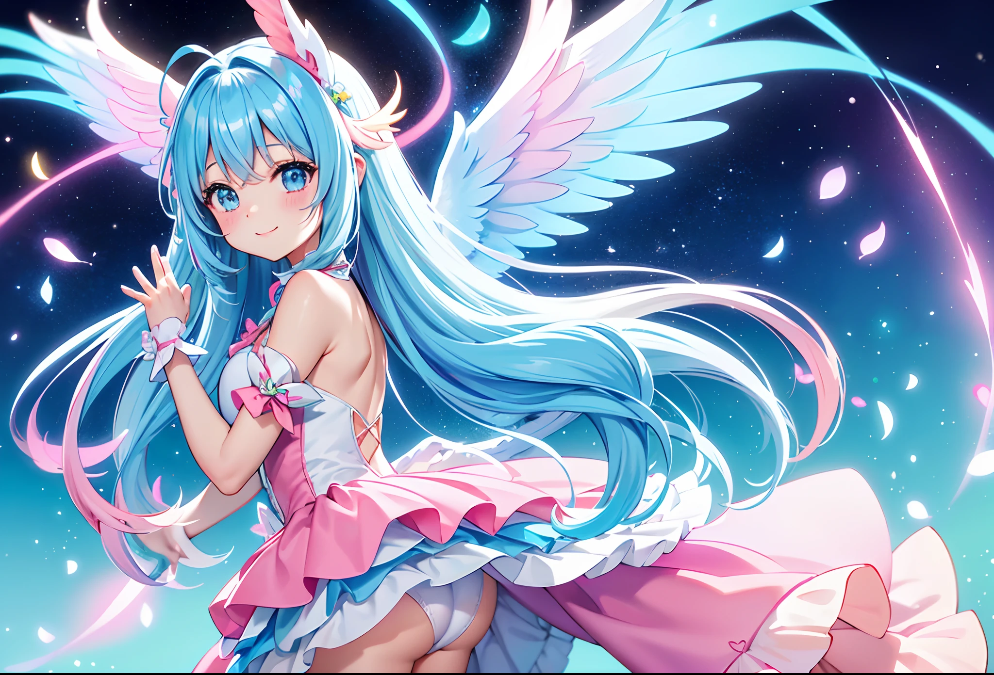 Colorful glowing angel wings、Kawaii Girl、adorable smiling、Light blue long hair、Twin-tailed、Colorful angel costume、Pink and white costume ((top-quality))、((masterpiece))、(ighly detailed、highestdetailed、Official art、Beautifully Aesthetic:1.2)