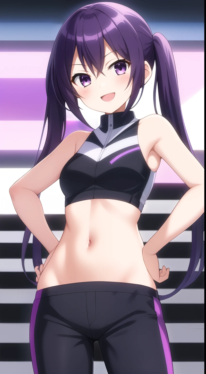 masterpiece, 1girl, solo, smile, smirk, open mouth, (purple black hair), twin tails, race queen, rq, tedeza rize, standing, stomach, (hand on own hip), looking at viewer, Sleeveless, trousers, Circuit, checkered flag, Intricate Iris Details