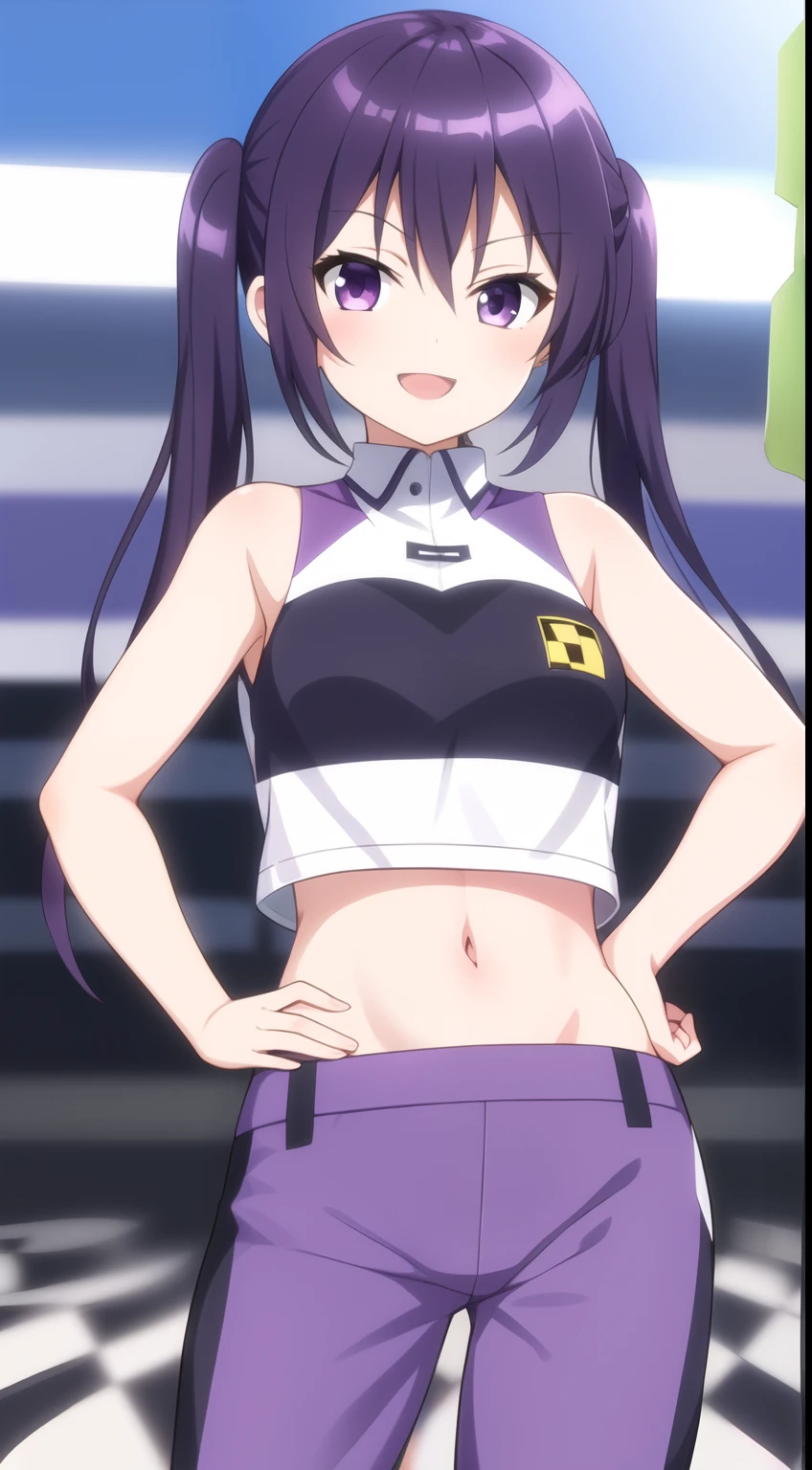 masterpiece, 1girl, solo, smile, smirk, open mouth, (purple black hair), twin tails, race queen, rq, tedeza rize, standing, stomach, (hand on own hip), looking at viewer, Sleeveless, trousers, Circuit, checkered flag, Intricate Iris Details