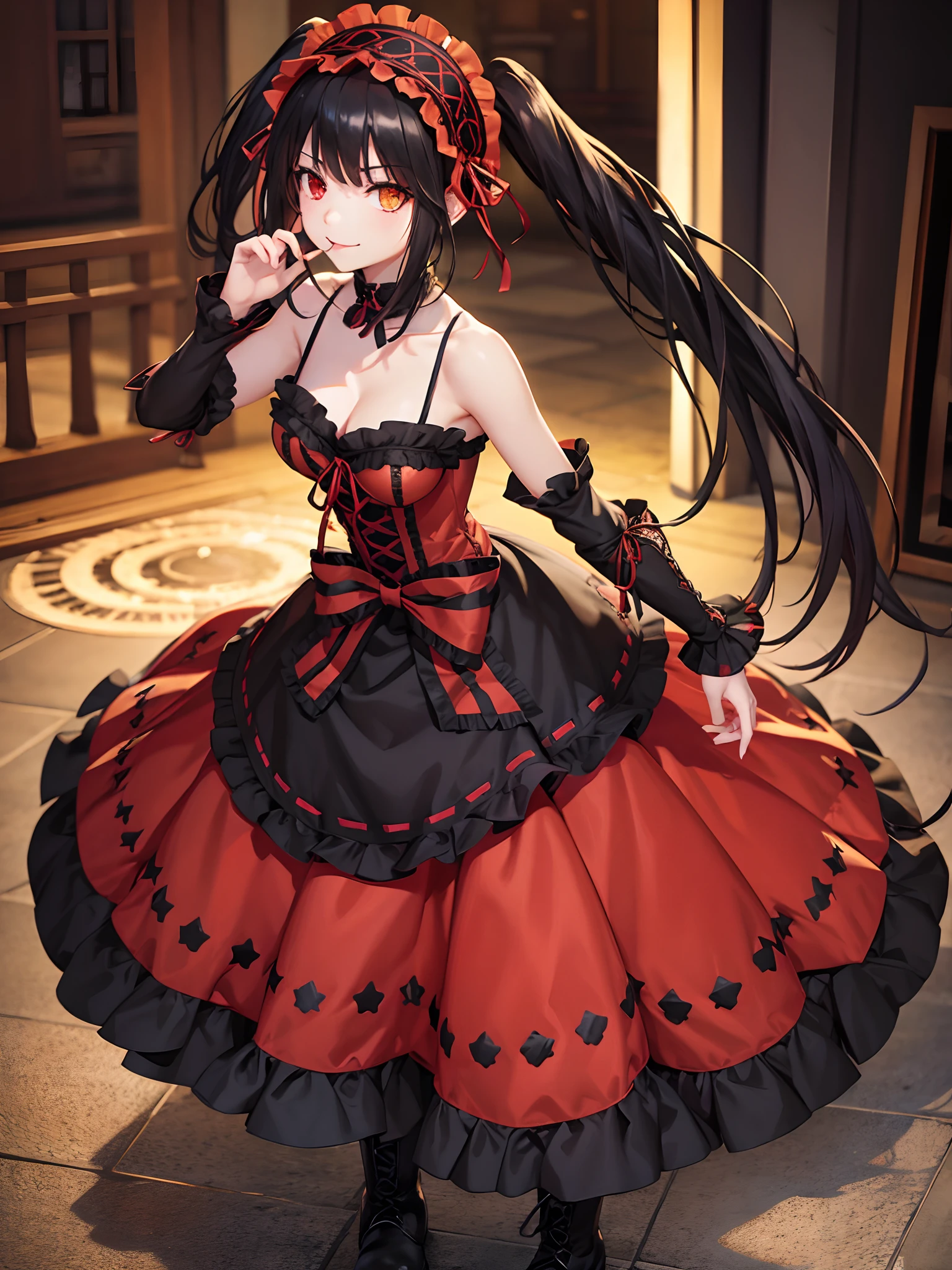 1girl, bare shoulders, black hair, boots, breasts, clock eyes, cross-laced footwear, detached sleeves, dress, finger to mouth, frilled dress, frills, full body, gothic lolita, hairband, heterochromia, index finger raised, knee boots, lace-up boots, lolita fashion, lolita hairband, long hair, looking at viewer, platform boots, red dress, red eyes, smile, solo, symbol-shaped pupils, tokisaki kurumi, twintails, uneven twintails, yellow eyes