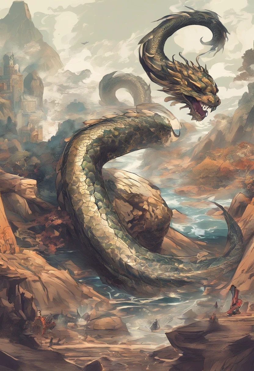 Dragon Turtle(Heavy tortoiseshell shell,faucet,long tail of a snake),tosen,Huge waves,china style,OC rendering,super-fine,Hyper-realistic,Ultra photo realsisim,high quarity,8K High Resolution,ultra - detailed