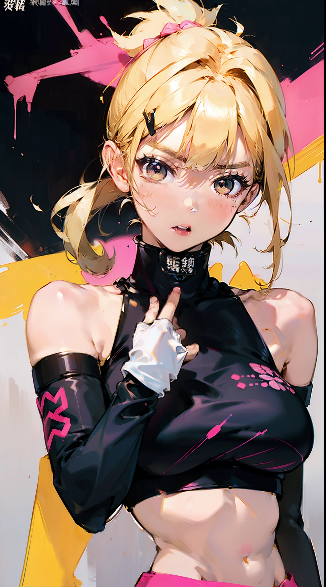 1 girl, Blonde hair, Blonde Woman, Pony tail, bright pink eyes, PastelColors, big breastes, Cute Hair Clips, body tattoos, Bracelet in hand, Movie posters、It depicts a young woman as the central character。She stands confidently in the center of the poster,Wear a trendy cyborg futuristic outfit,with determined expressions on their faces。Dark and grainy background,There is a sense of crisis and a strong sense。The text turned out to be bold、Attracted attention,With catchy slogans,Adds overall drama and excitement。The color palette is dominated by dark colors,Dotted with bright colors