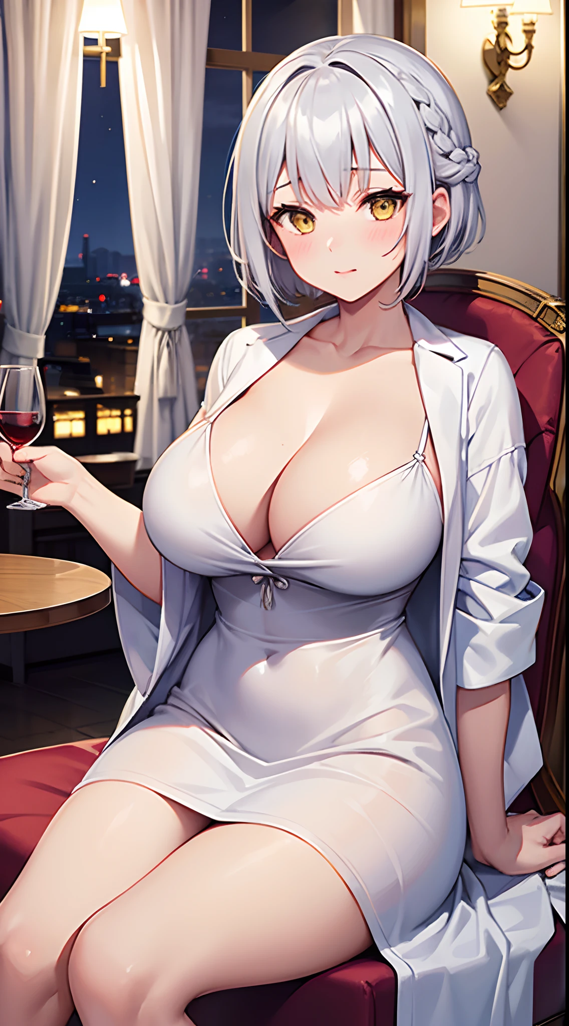1 girl, game CG, bathrobe, gigantic breasts, silver hair, short hair, french braid, yellow eyes, hotel, night, wine, sitting in chair, table, blush,