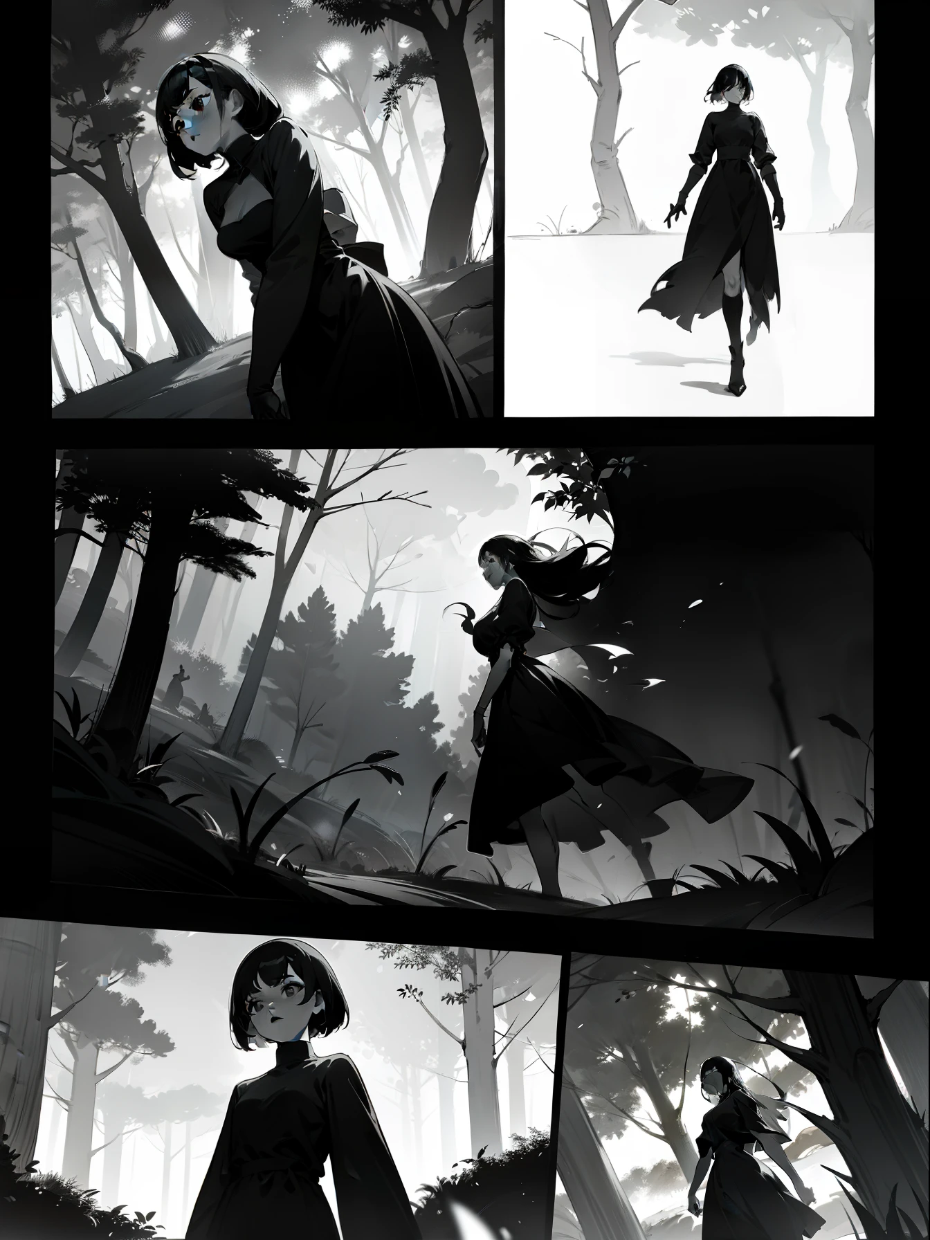Black and white comics, monochrome mode, segmentation, comics page, dialog bubble box, Comic grid segmentation
An 18-year-old girl with black hair and a black dress, forest
Feel as if your body is being swallowed by this forest,Surrounded by it。