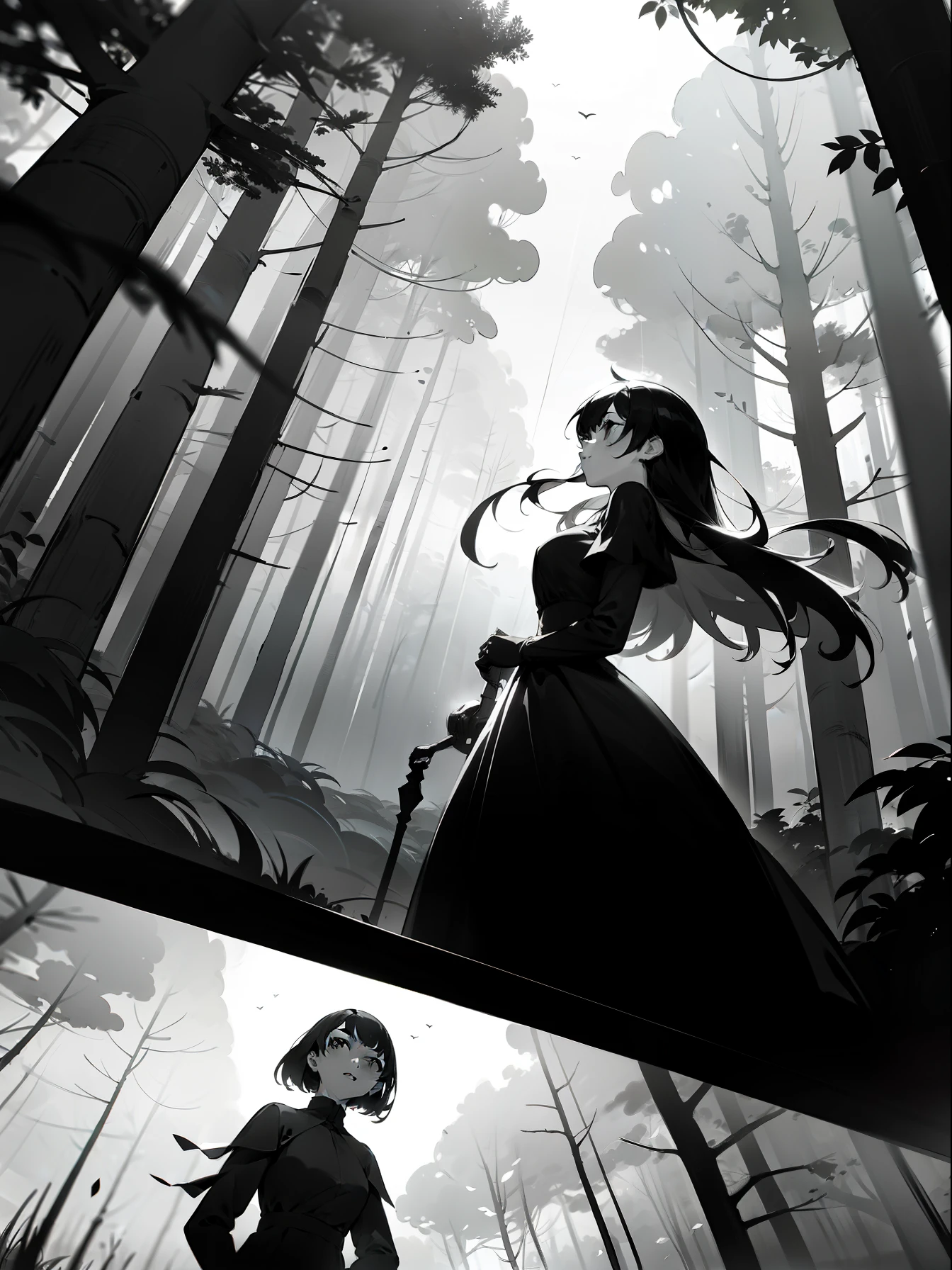 Black and white comics, monochrome mode, segmentation, comics page, dialog bubble box, Comic grid segmentation
An 18-year-old girl with black hair and a black dress, forest
Look up at this beautiful forest,I saw that the canopy of the tree was like a cover,Cover the sky,Cover the entire sky。