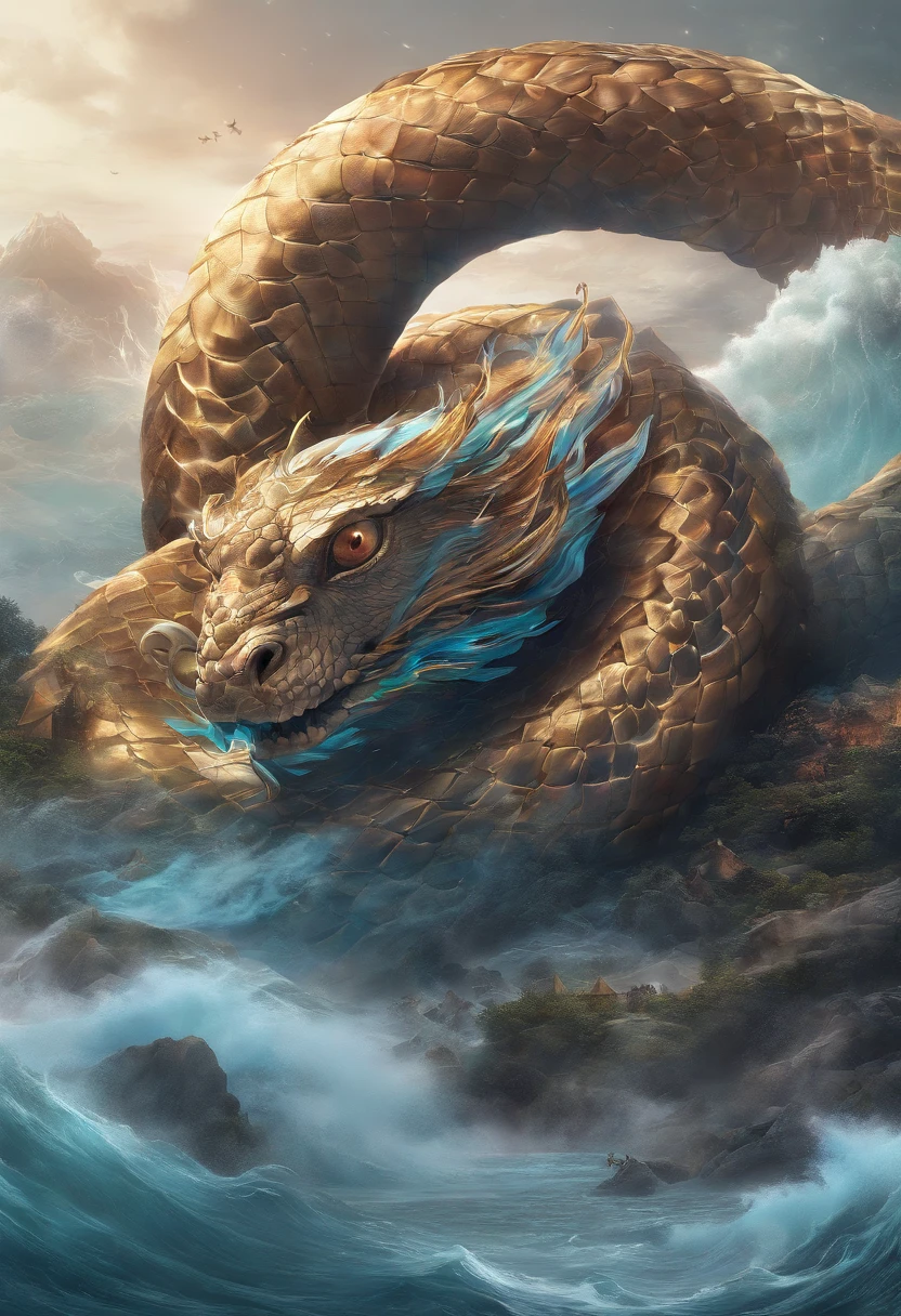 Xuanwu(the body of the,faucet,The long tail of the snake),tosen,Huge waves,China-style,oc rendered,super-fine,Hyper-realistic,Ultra photo realsisim,high qulity,8K high resolution,ultra - detailed