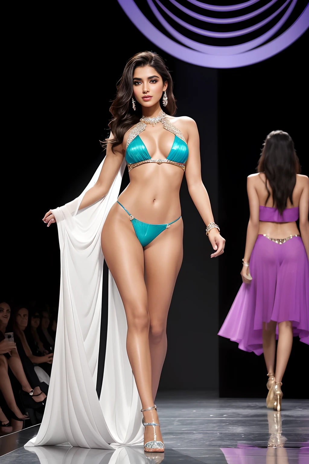 Generate a full-body image of A young Arabic model , side view , struts confidently down the runway of a glamorous fashion show, showcasing her vibrant and alluring G-String in a kaleidoscope of colors. The stage is bathed in soft, ethereal lighting, with sleek and modern architecture as the backdrop. Captured by the lens of a high-end Hasselblad camera, the image exudes sophistication and glamour. 100% realistic, high detail, masterpiece