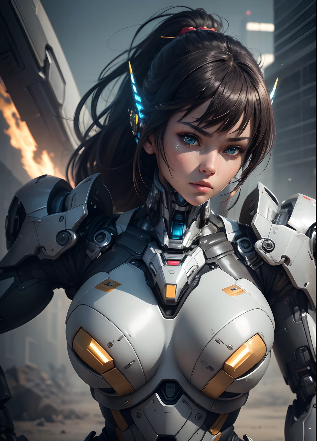 Textured skin, Super Detail, high details, High quality, Best Quality, hight resolution, 1080p, hard disk, Beautiful,(cyborgs),beautiful cyborg woman,Mecha Cyborg Girl,Battle Mode,Girl with a Mecha Body,She wears a battle cyborg mech with a weapon,Fulll body Shot