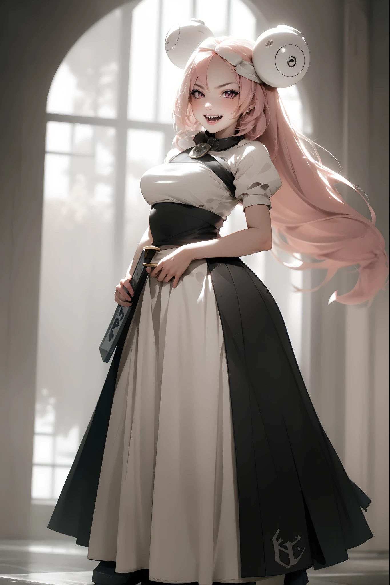 iono,1 girl,pink eyes,solo,smile,open mouth,fangs ,indoors,woman-medieval-clothes, priestess, sword holding, smile, long skirt, large skirt, full body,horns