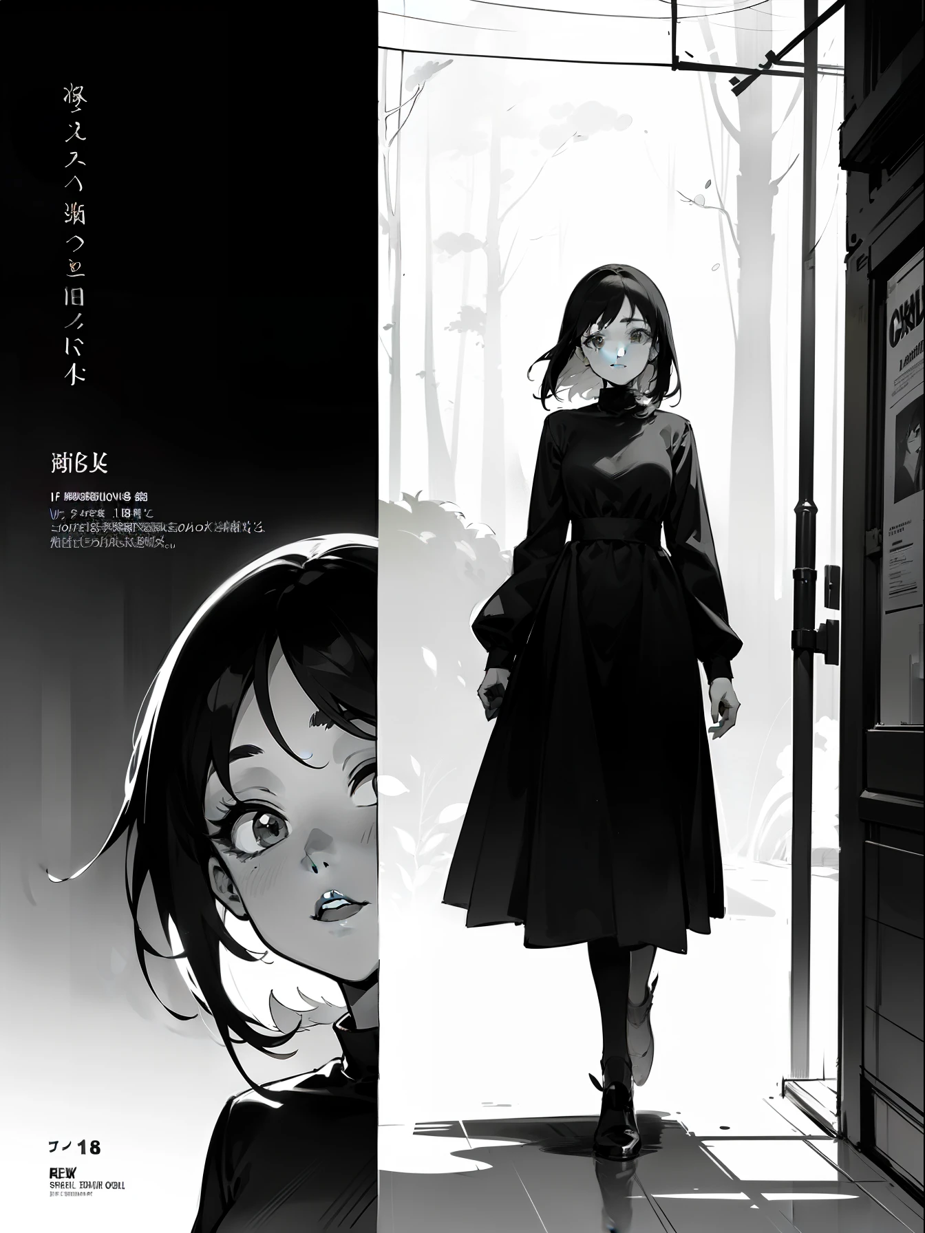 Black and white comics, monochrome mode, segmentation, comics page, dialog bubble box, Comic grid segmentation
An 18-year-old girl with black hair and a black dress, forest
She walked for hours,Get lost in the beauty and mystery of this place。