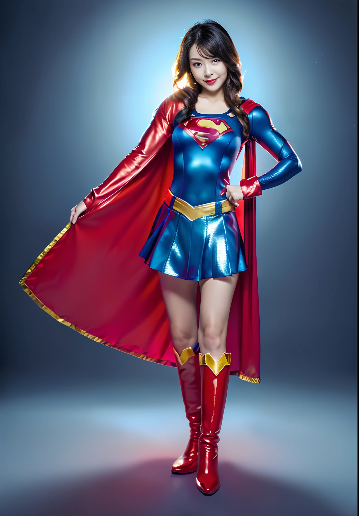 (((Wear black tights on your beautiful legs.)))、(((Grow legs、tall、beauty legs)))、(((facial expression of smile)))、((((Make the most of the original image)))、(((Supergirl Costume)))、(((shiny short hair)))、(((Suffering)))、(((Feet must necessarily be worn with black tights)))、(((You need to wear red boots)))、((Top image quality、8K))、((top-quality、8K、​masterpiece:1.3))、(((Keep your background simple)))、Crisp focus:1.2、Beautiful woman with perfect body shape:1.4、Slender Abs:1.2、a wet body:1.5、Highly detailed facial and skin texture、