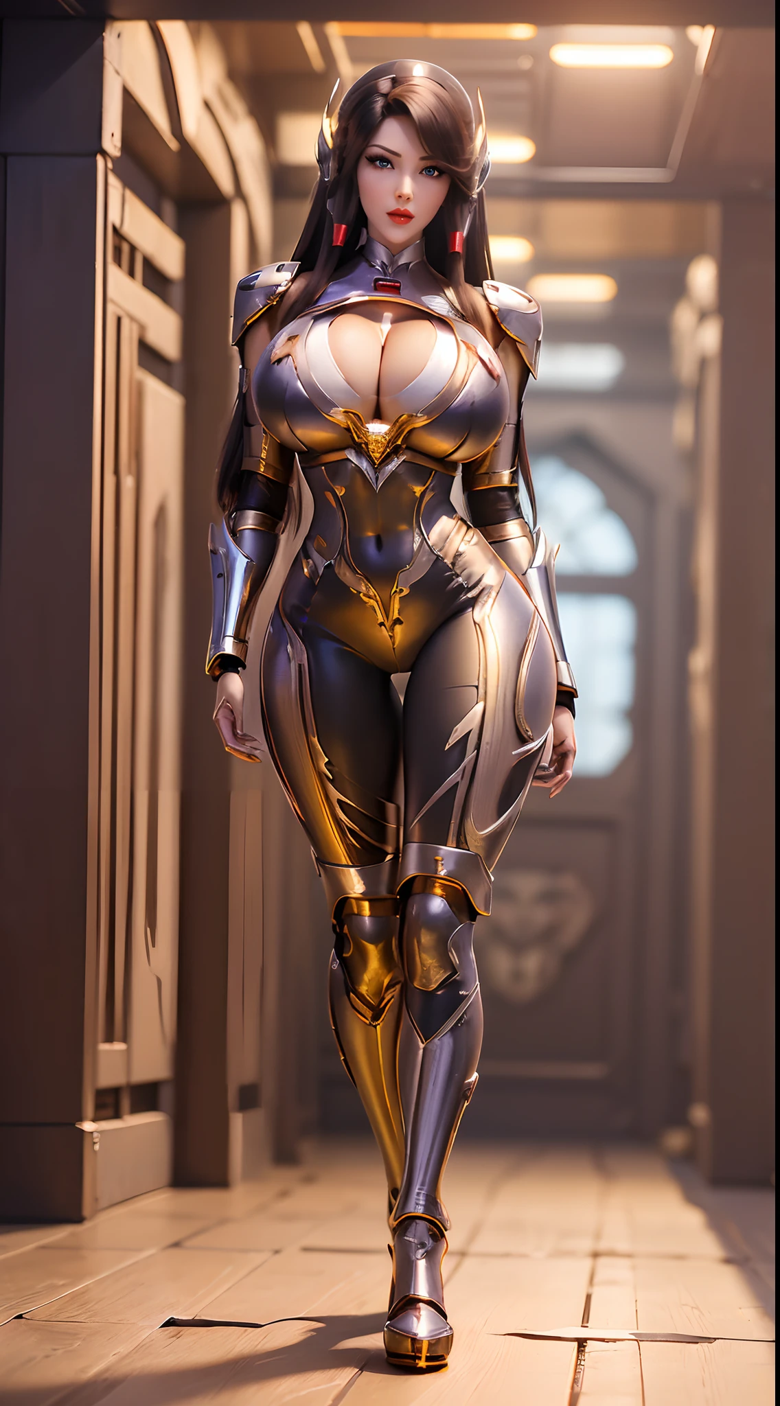 (1GIRL, ALONE, SOLO), (super detailed face), (black long hair,Phoenix mecha helm: 1), (BIG BUTTOCKS, 11 LINE ABS, CLEAVAGE, HUGE FAKE BREASTS:1.5), (red, gold, purple), (MECHA GUARD ARMS:1.3), (MECHA CYBER ARMORED, MECHA SKINTIGHT SUIT PANTS, MECHA GUARD LEGS, HIGH HEELS:1.5), (THICC MUSCULAR FEMALE BODY, GLOWING SKIN, SEXY LONG LEGS:1), (LOOKING AT VIEWER:1.3), (female focus:0.886), (WALKING DOWN HALLWAY OF FUTURISTIC SPACE STATION:1), (BRIGHT LIGHT ING ROOM:1), SUPER TEXTURE, UNREAL ENGINE RENDER, PHYSICALLY-BASED RENDERING, ULTRA HIGHT DEFINITION, 16K, 1080P.