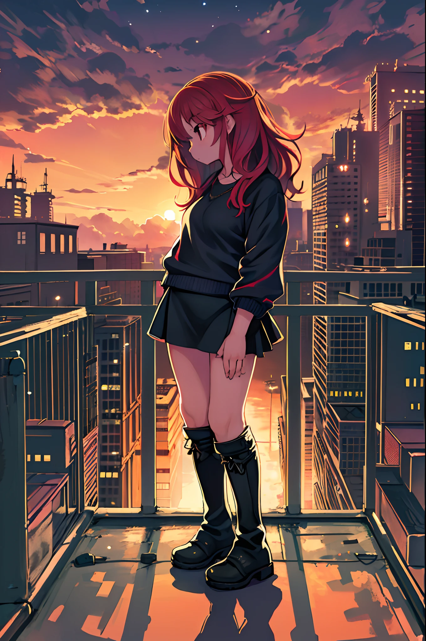 ((Best Illustration)) Brazilian girls, Red hair, Teenage body, Black top, Black tight skirt, Black boots, Urban landscape, building, sky line, Sunset, Silhouette on cloud background, Contemplative. Lori、Young children、Chibi
