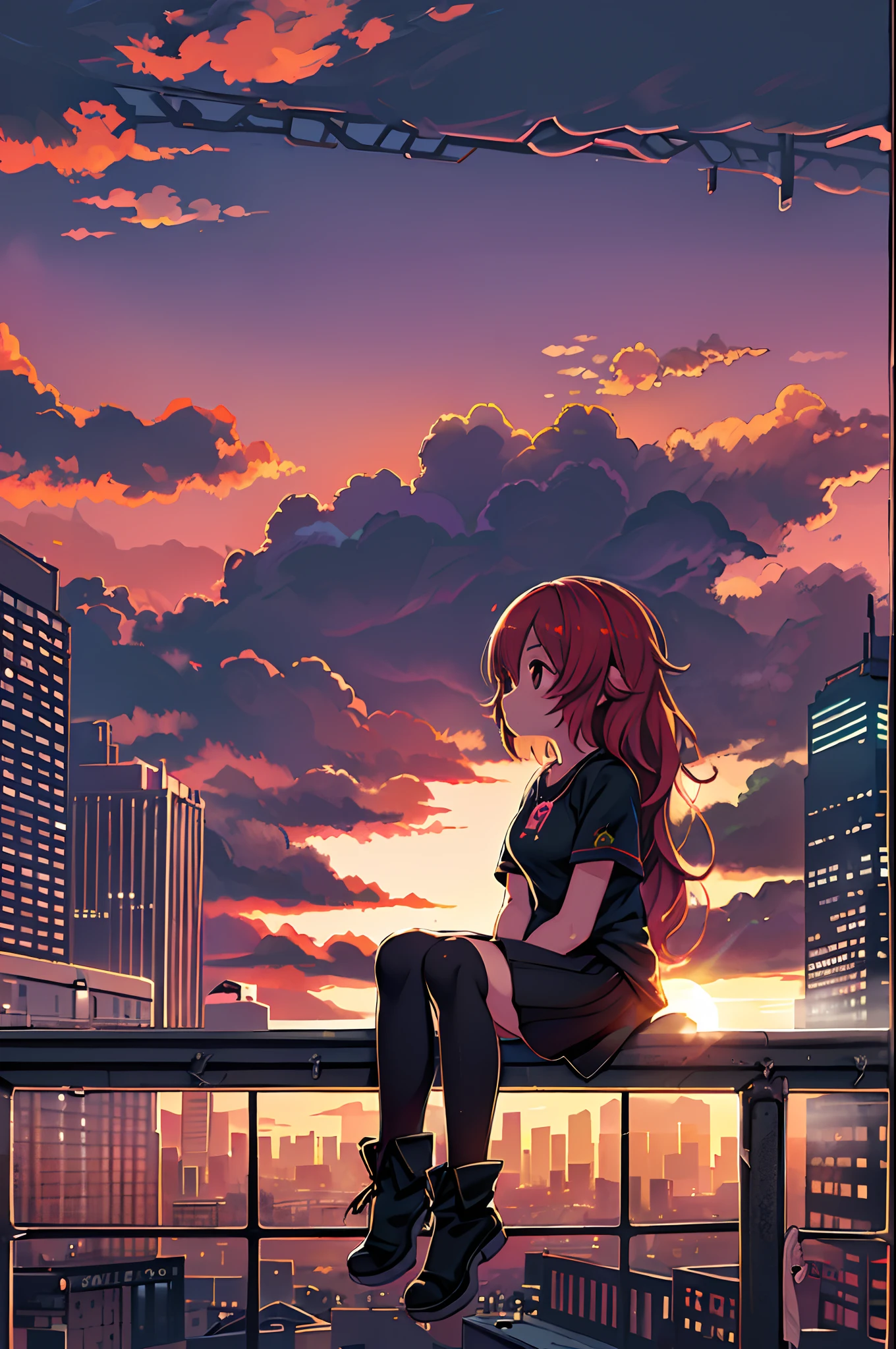 ((Best Illustration)) Brazilian girls, Red hair, Teenage body, Black top, Black tight skirt, Black boots, Urban landscape, building, sky line, Sunset, Silhouette on cloud background, Contemplative. Lori、Young children、Chibi