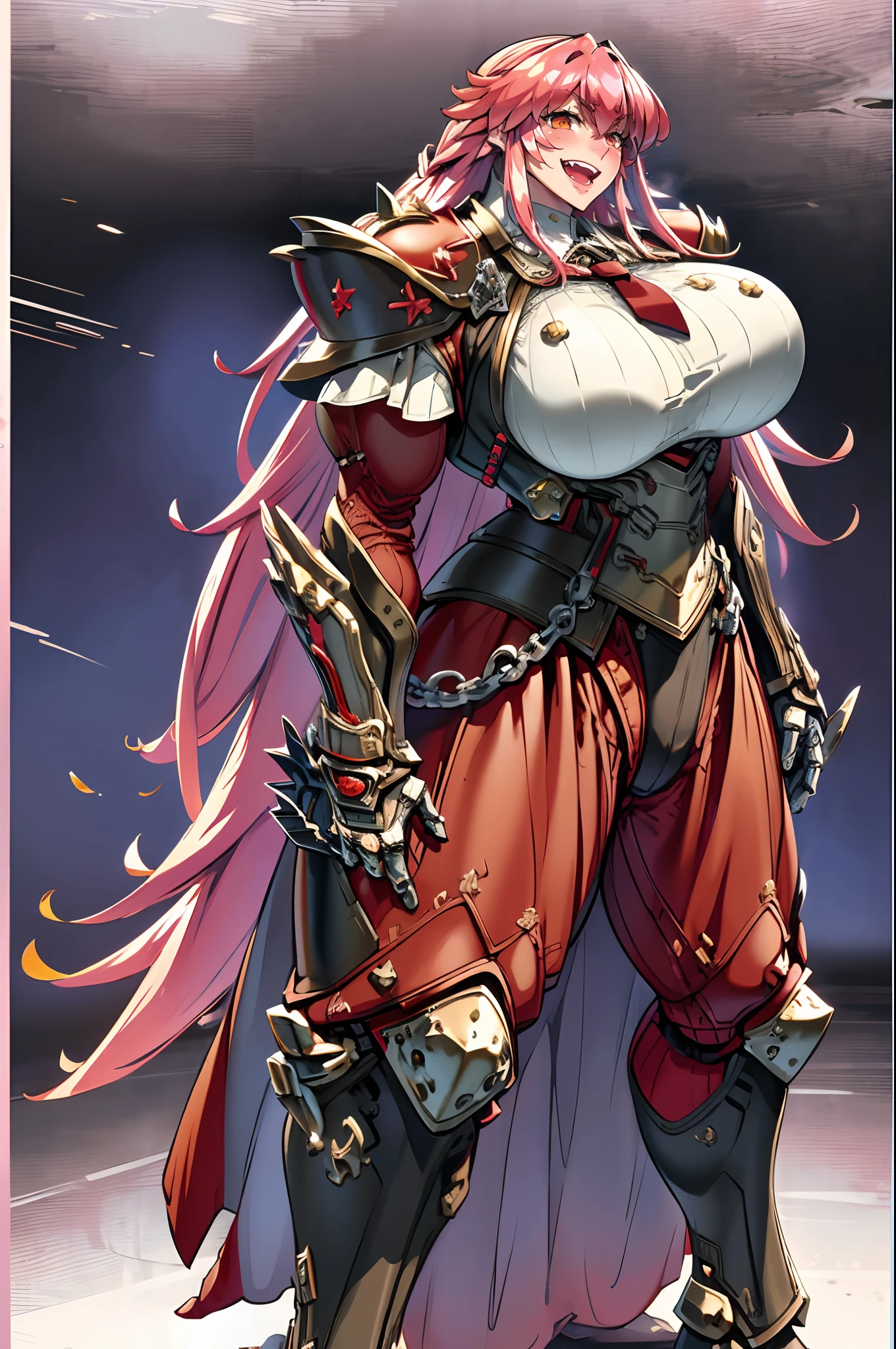 tomboy, warrior, berserker, tall female, muscular female, living hair, sauvage,, medieval clothing, fantasy, fantasy weapon, huge breasts, barbarian pants, , combat boots, armor, red hair, crazy smile, open mouth, biceps, necktie, thick arms,pullover, solo focus, long hair, , crazy smile, long hair, pants, noble cloths, noble clothing, french cloths, very long hair, BOOTS, full body, pink lips, hime cut, full body