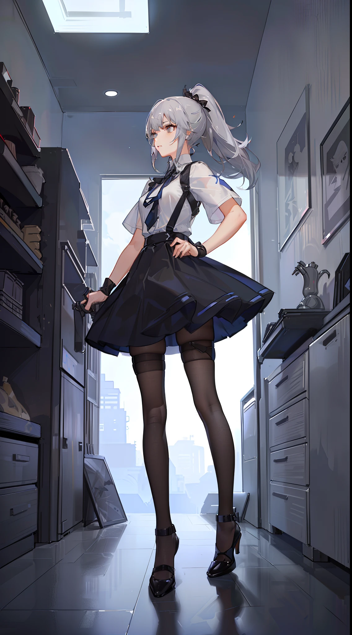 young girl, short gray hair, high ponytail, gray eyes, Blue Battle Shirt, upskirt, robot behind, arma, Masterpiece, hiquality, 4k, HD, Good detail