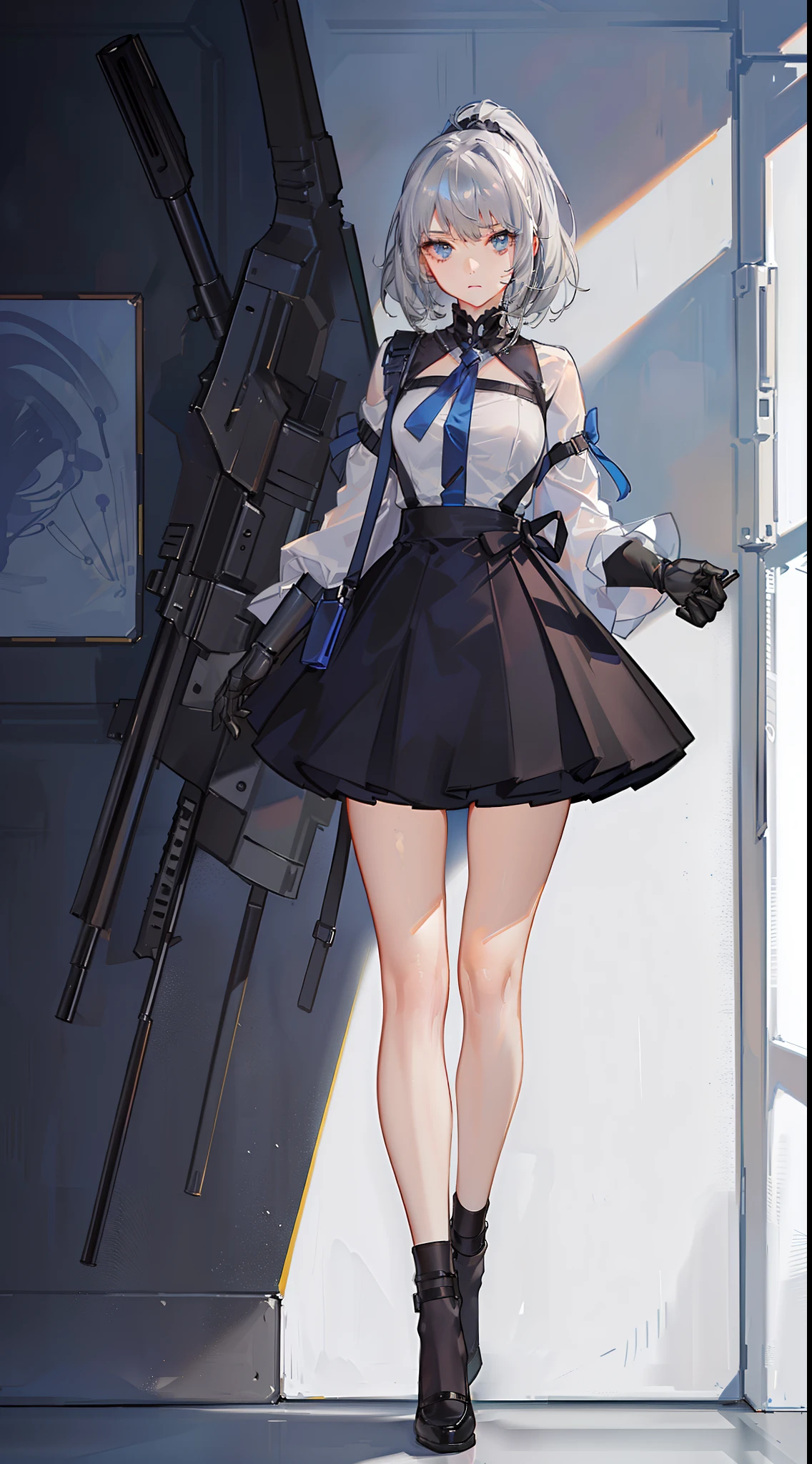 young girl, short gray hair, high ponytail, gray eyes, Blue Battle Shirt, upskirt, robot behind, arma, Masterpiece, hiquality, 4k, HD, Good detail