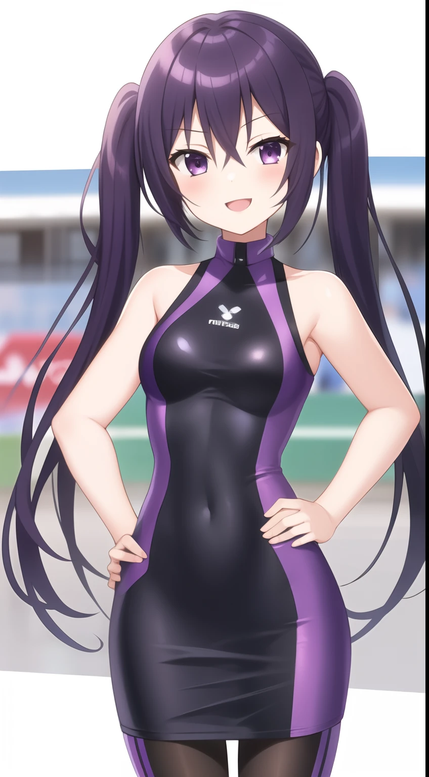 masterpiece, 1girl, solo, smile, smirk, open mouth, (purple black hair), twin tails, race queen, rq, tedeza rize, standing, (hand on own hip), looking at viewer, Sleeveless, Skirt, Intricate Iris Details