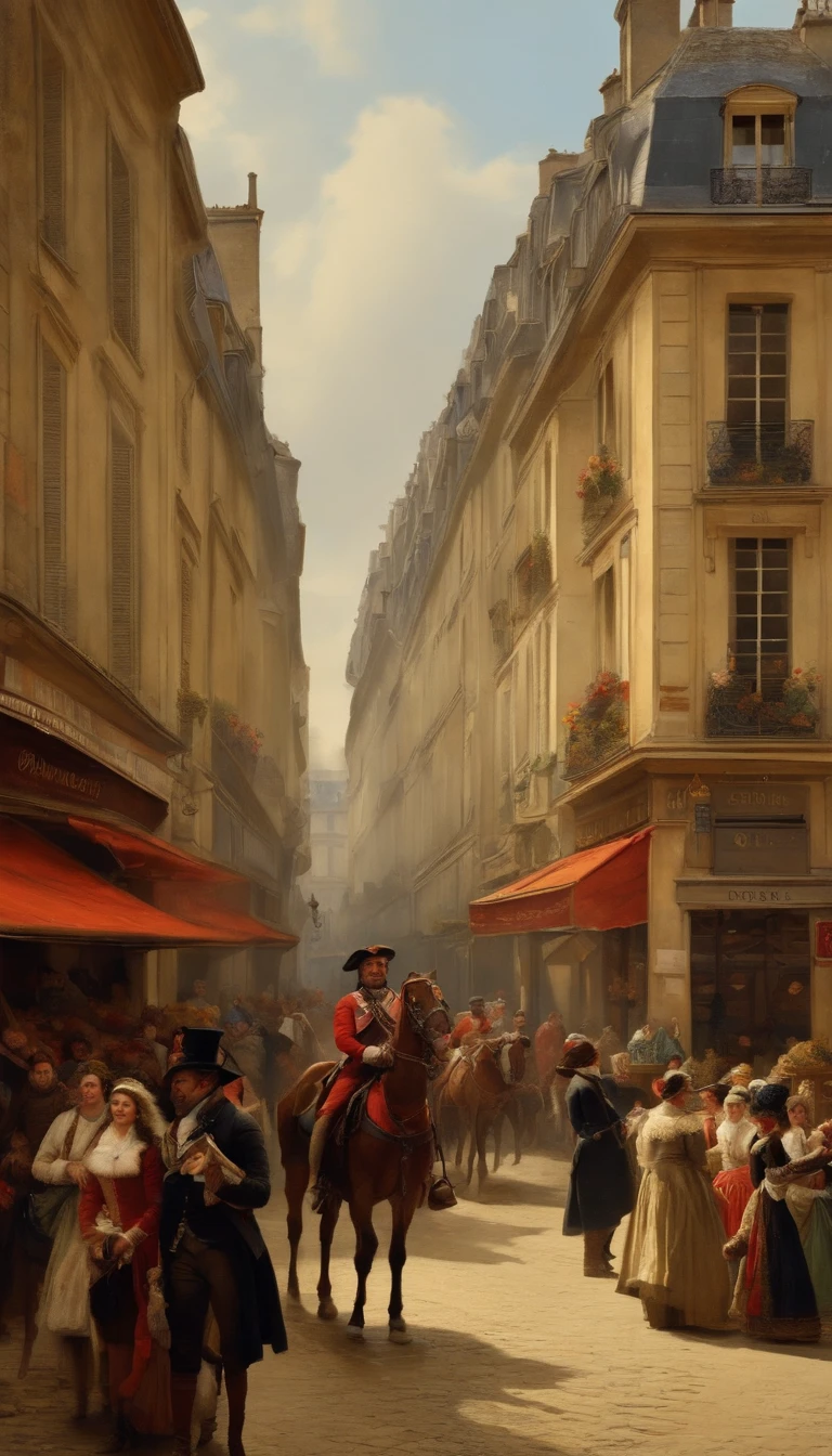 Paris street in the 17th century, wide street view, people on the street, daytime, market life, horses, crowd