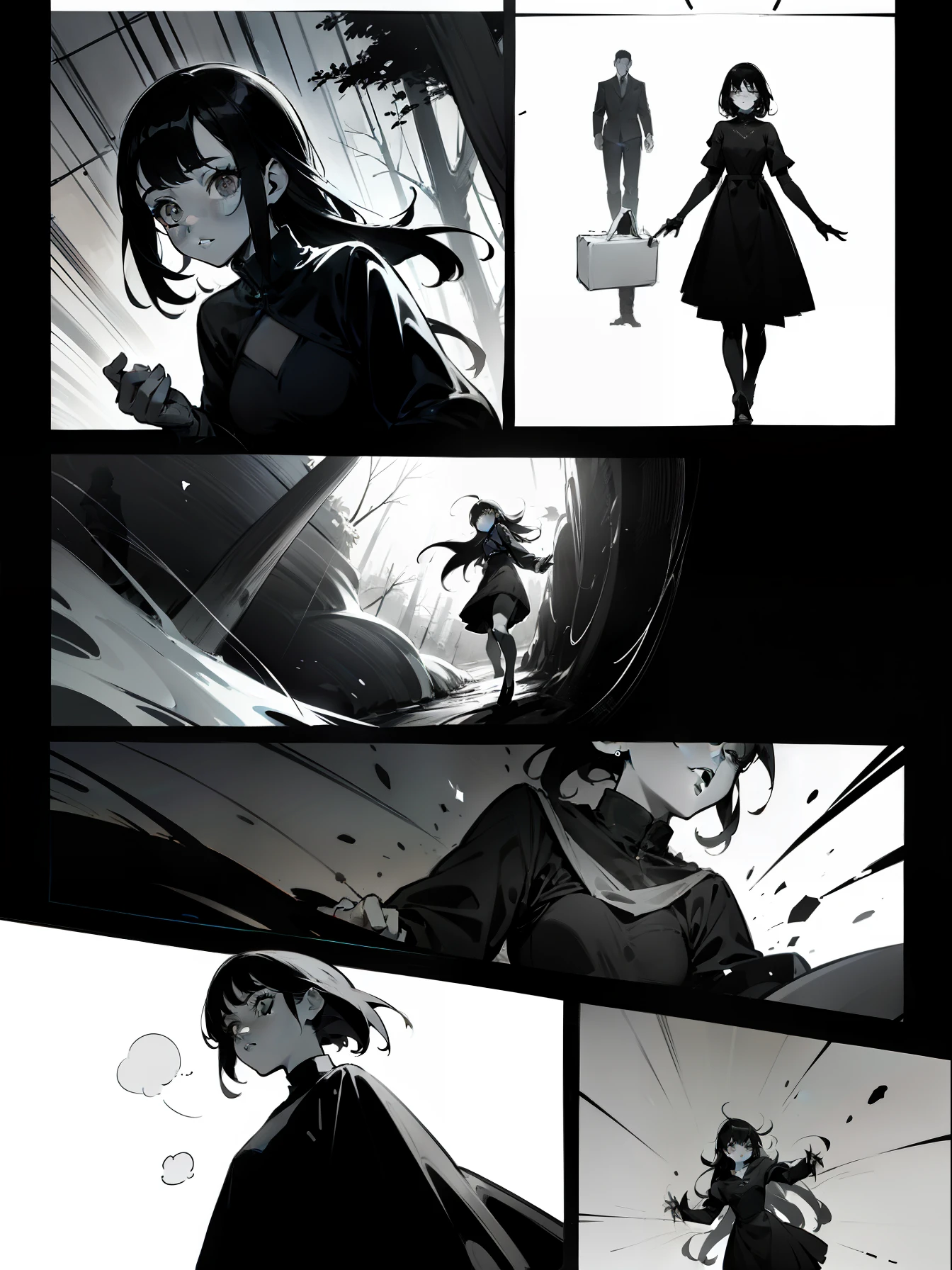 Black and white comics, monochrome mode, segmentation, comics page, dialog bubble box, Comic grid segmentation
An 18-year-old girl with black hair and a black dress, forest
She rubbed the cobwebs,Destroying their elaborate traps。