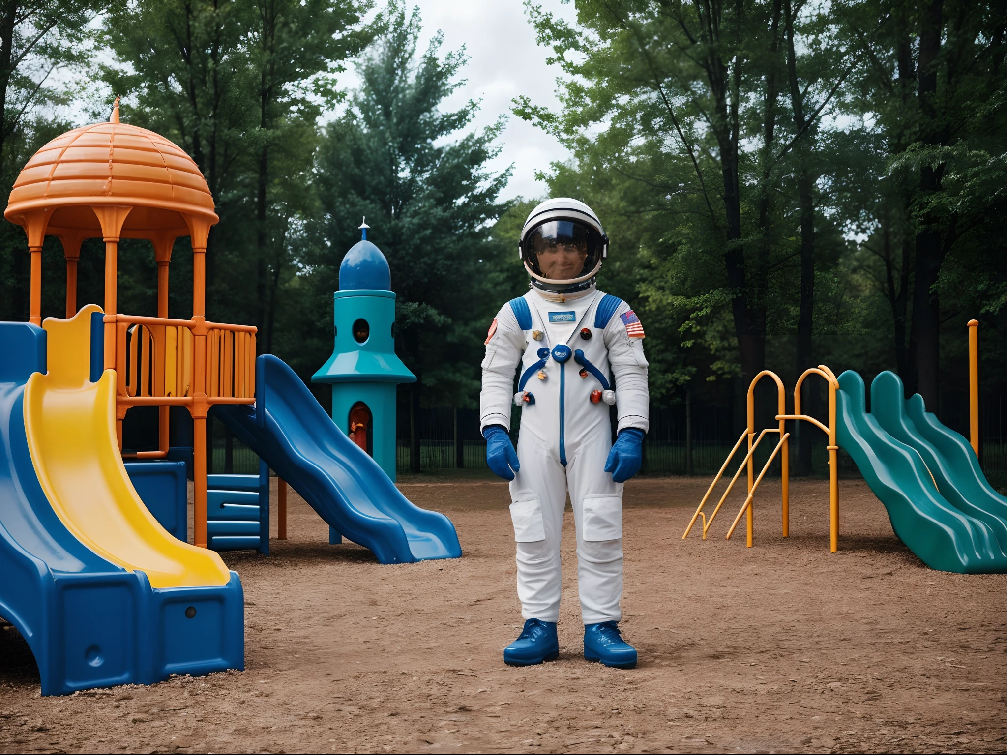 lost adult cosmonaut in the kids playground, full body, full spacesuit, helmet, dreamy strange colors,