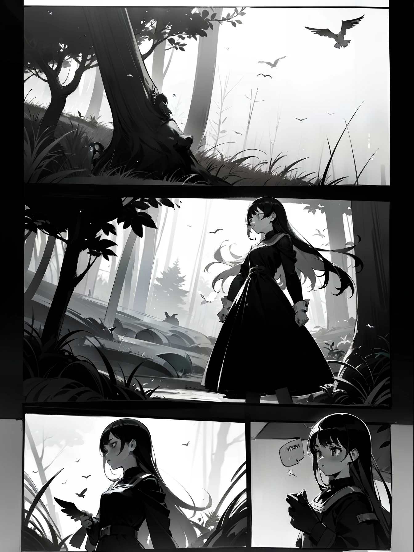 Black and white comics, monochrome mode, segmentation, comics page, dialog bubble box, Comic grid segmentation
An 18-year-old girl with black hair and a black dress, forest
Hear the birds and the rustle of small animals in the vegetation。