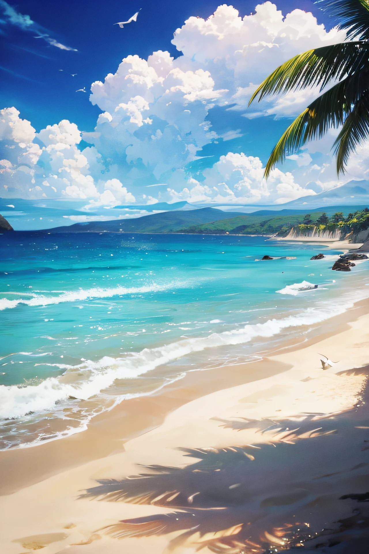 beautiful beach,wind,sea,sand, bird, clear sky,no character,