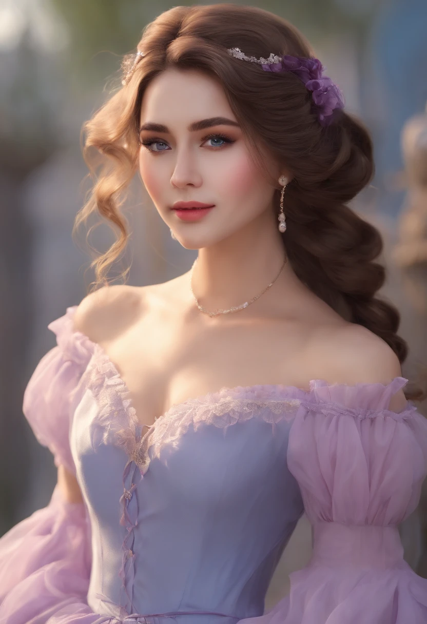 Female((25 age old)), Hair((Wavy, peasant)), Eyes((Smart eyes, Blue)), clothes((Frilly, Long dress, light violet)) Gloss on lips, gigantic cleavage breasts, Hair Band, hair-bun, street, Smiling,