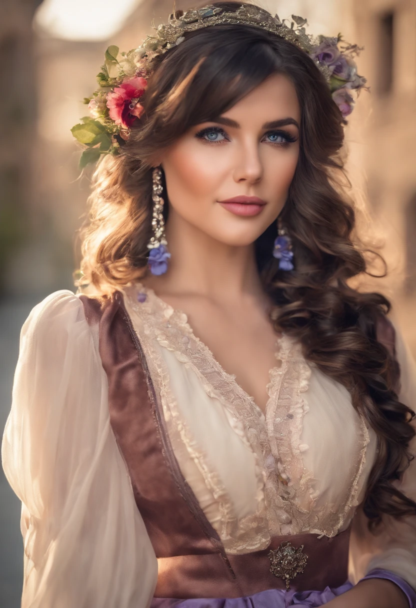 Female((25 age old)), Hair((Wavy, peasant)), Eyes((Smart eyes, Blue)), clothes((Frilly, Long dress, light violet)) Gloss on lips, gigantic cleavage breasts, Hair Band, hair-bun, street, Smiling,